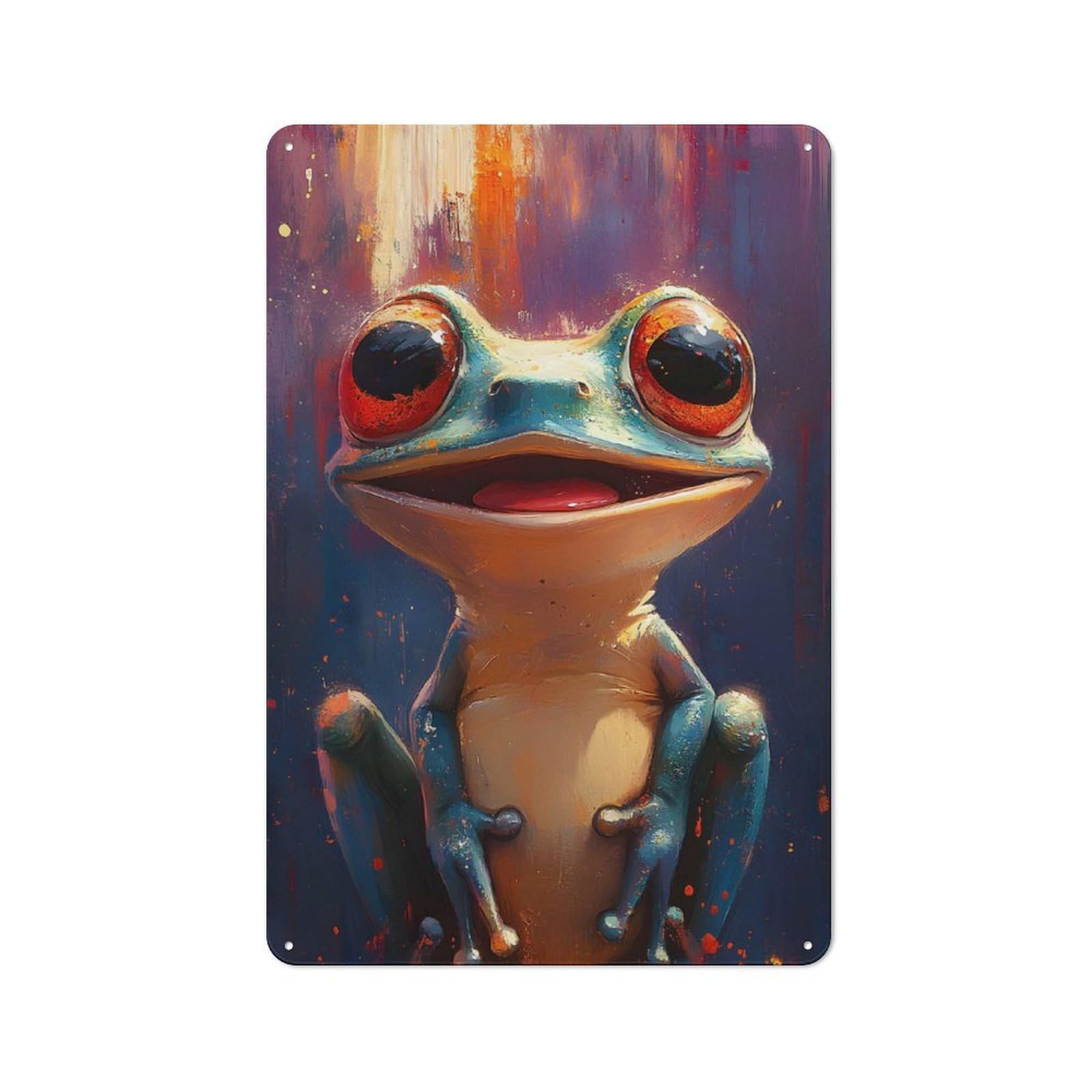 Retro Metal Plaque 30x20cm Featuring Smiling Frog Painting, Bistro Wall Plaque for Bakery, Diner, Cafe Or Family Room