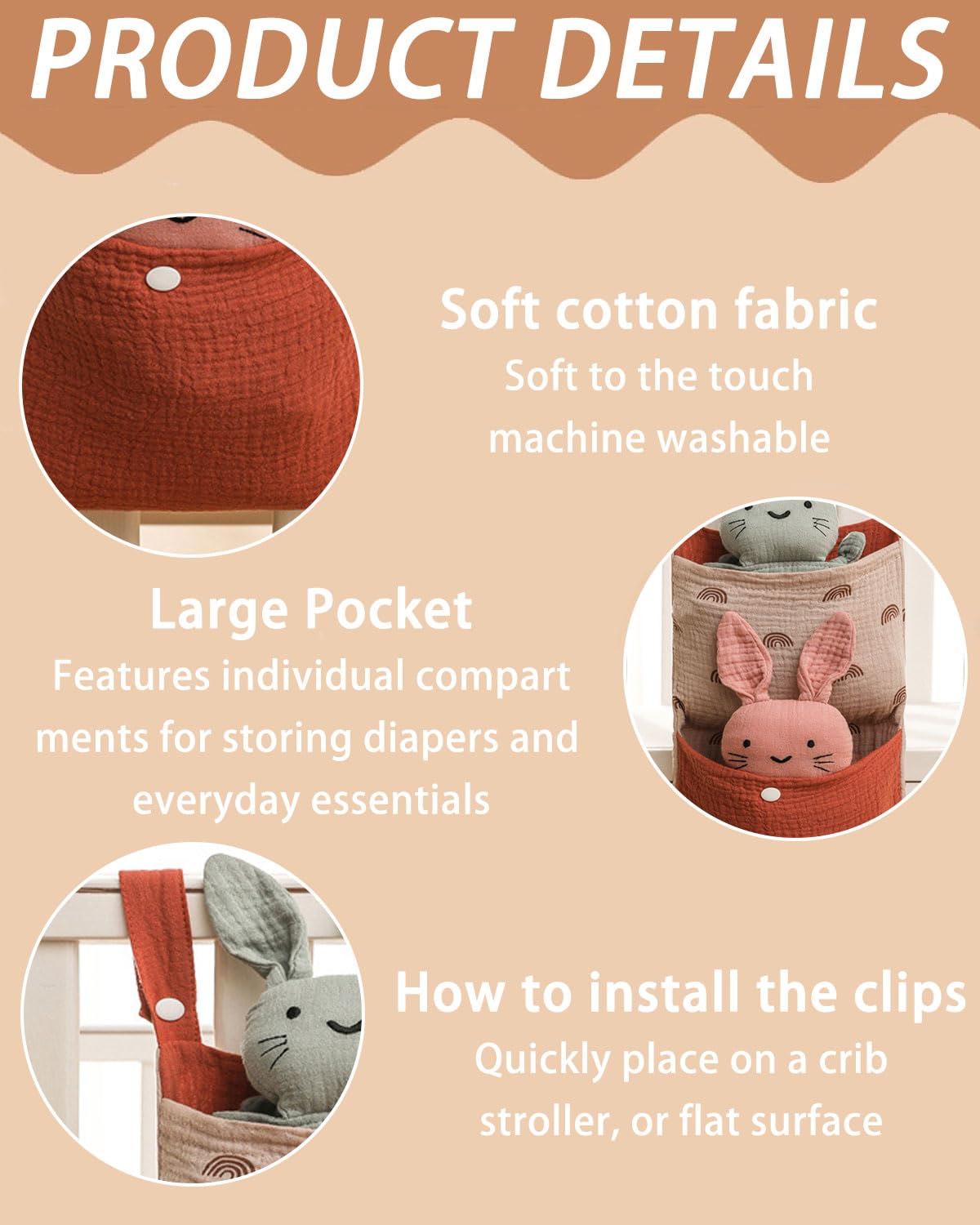 Borsa Appendere per Lettino, Borsa Portaoggetti Letto, Organizer per Cameretta dei Bambini, Tasche Portaoggetti Letto, per Letto Usato per Riporre Vestiti Pannolini Giocattoli