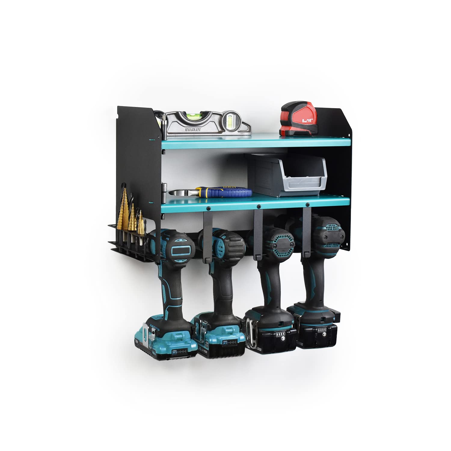 Megamaxx Makita Blue & Textured Black Power Tool And Drill Storage Unit Charging Station For 4 Tools And 2 Shelf - Wall Mount Toolbox And Accessories Rack Cabinet For Workshop, Garage, Shed, Van, Drill Driver…