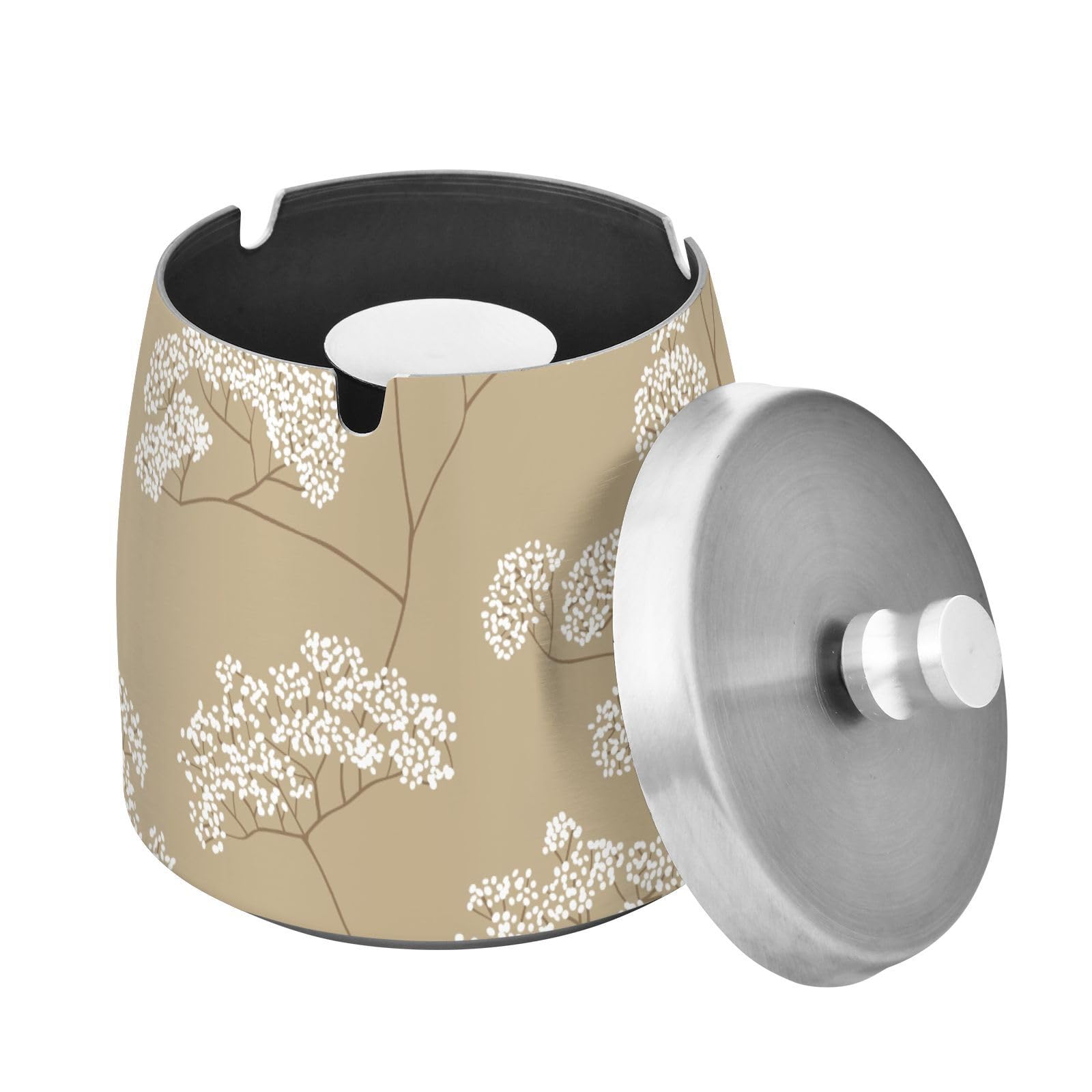 Small White Flowers Beige Ashtray with Lid, Windproof Cigarette Ash Tray for Outdoor Indoor, Stainless Steel Ashtray for Home Office Balcony