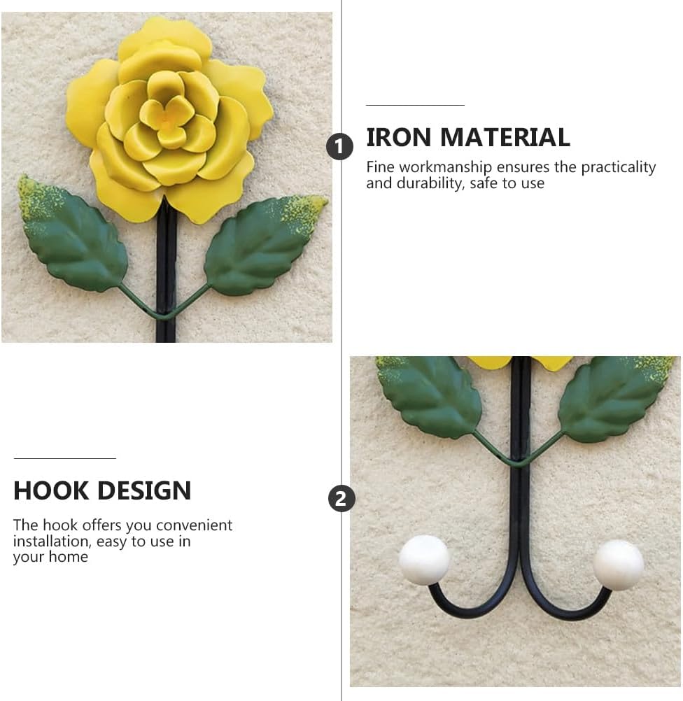 2pcs Rose Shape Wall Coat Hooks, Decorative Flower Key and Clothes Hanging Hooks for Home Entryway, Kitchen, Bathroom Wall Storage Organizer, Red and Yellow Floral Design image 4