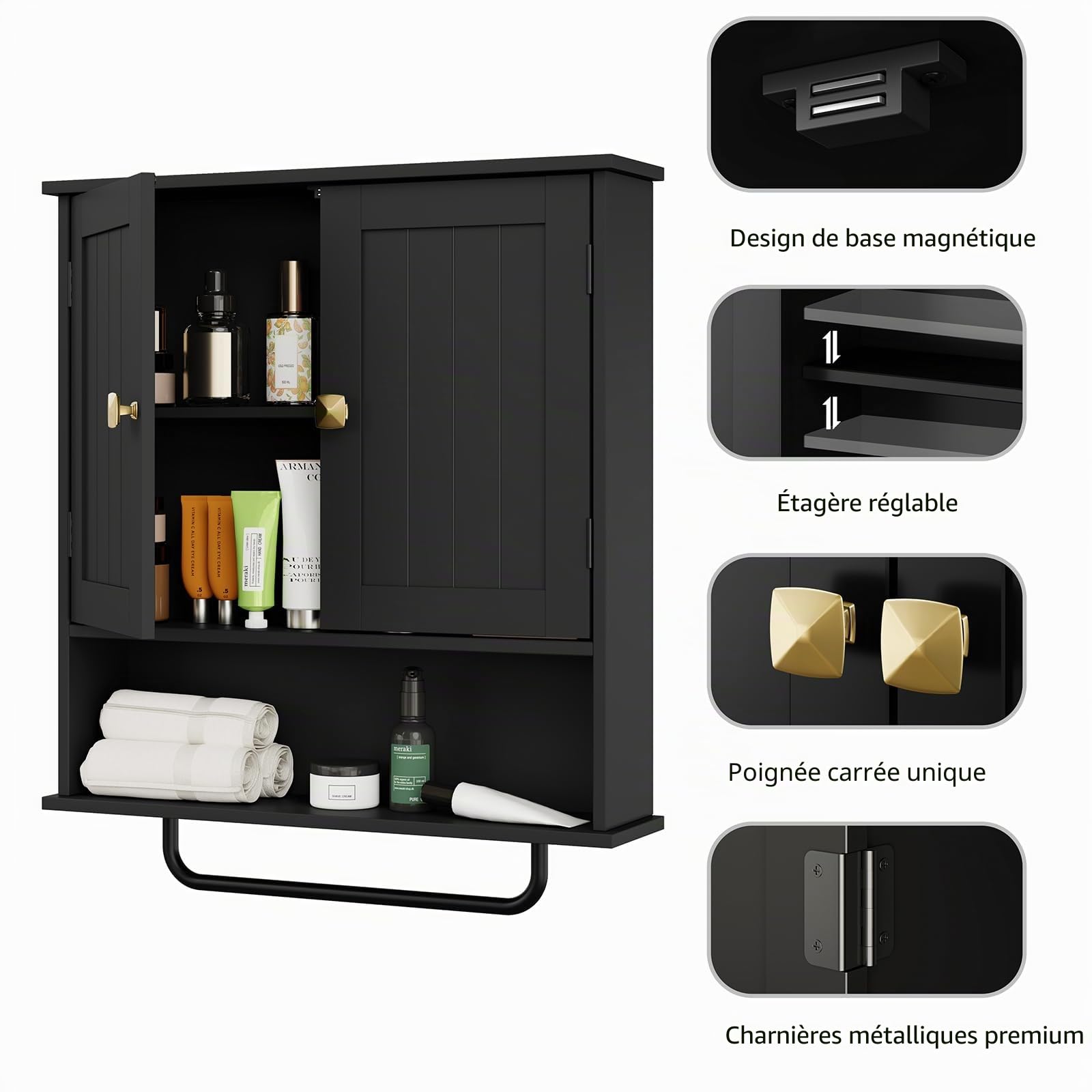 RRX Armoires murales de salle de bain avec barre de serviettes, armoire de rangement, rangement au-dessus des toilettes avec 2 portes et étagère réglable, armoire murale pour salle de bain, buanderie