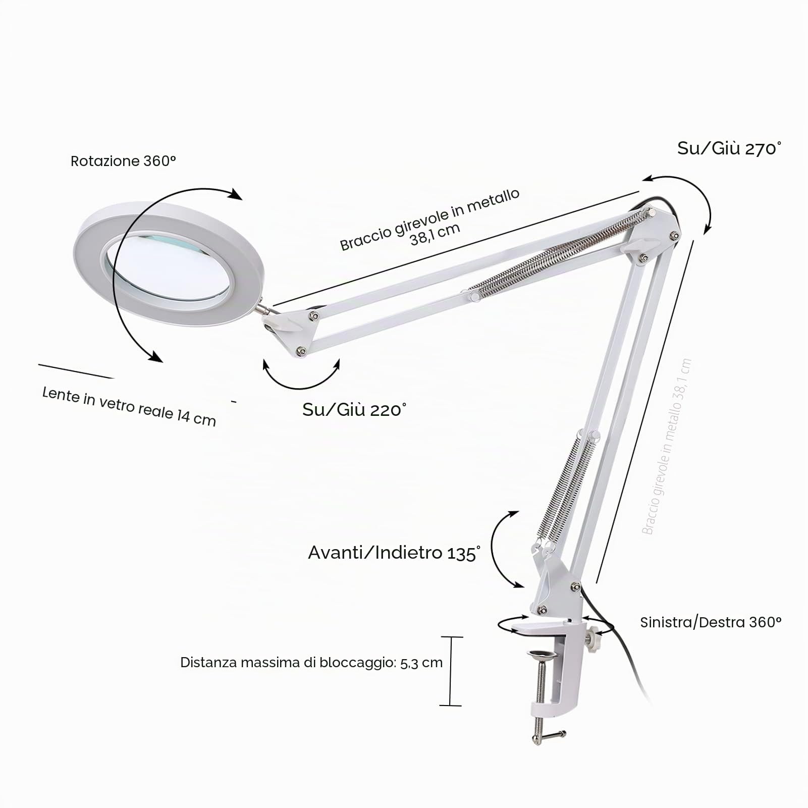 Kavolet Lente d'Ingrandimento con LED, Lampada da Tavolo Pieghevole, Luce a Morsetto, Ingrandimento 8X, 10 Livelli di Luminosità, 3 Colori, Angolo di Illuminazione ruotabile, Alimentata Tramite USB
