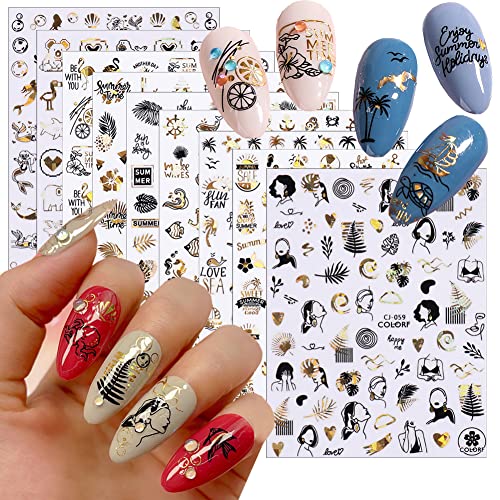 Gold Nail Art Stickers - 9 Sheets Summer Nail Stickers For Nail Art - Luxury Laser Summer Beach Nail Art Supplies Palms Leaves Coconut Trees Ocean Animals Mermaid Nail Decals For Acrylic Nails Decor #TOP25