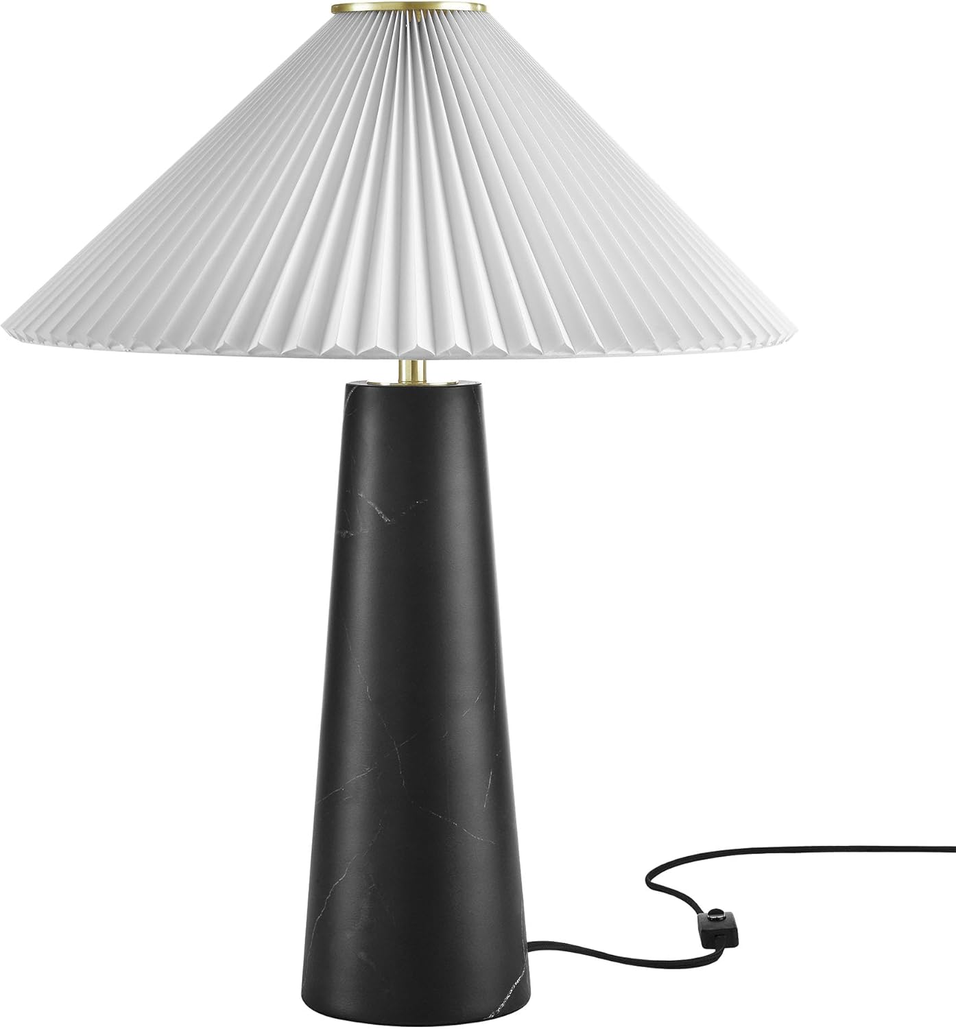Modway Nera Table Lamp with Marble Pattern in Black – Modern Accent Lamp with Pleated Fabric Shade and Matte Brushed Metal Plate – Ambient Lighting for Living Room, Bedroom, Entryway