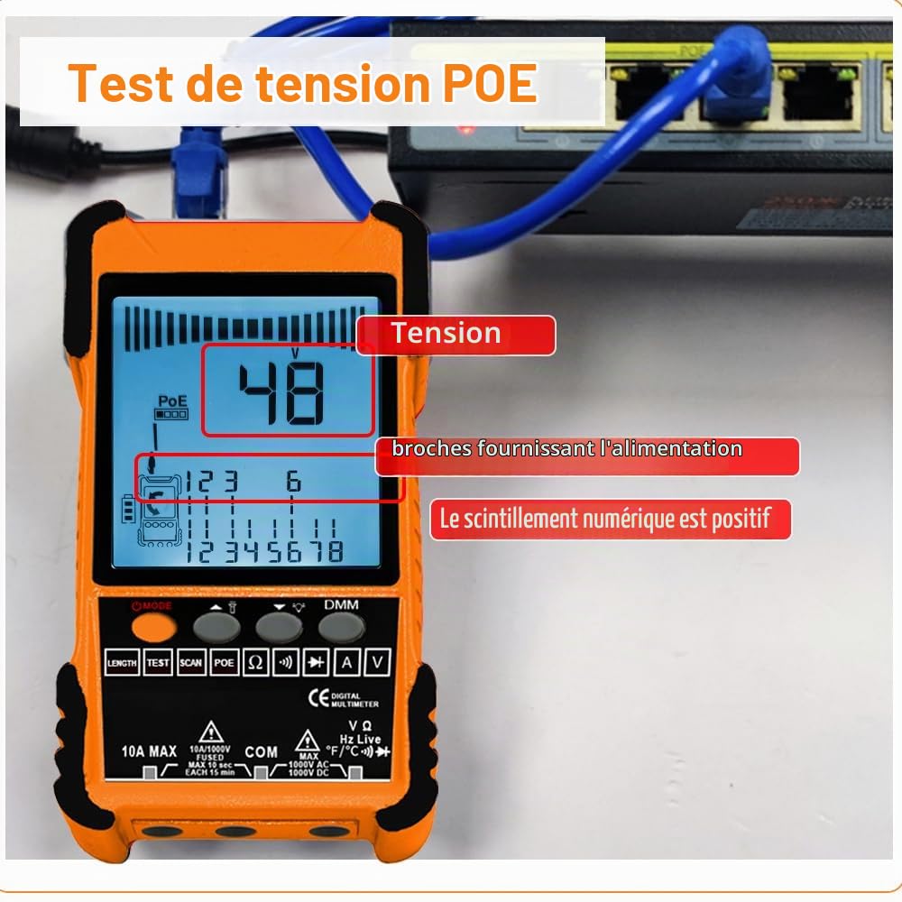 Testeur de câble multifonctionnel avec écran LCD, test POE, recherche numérique analogique, avec 3 ID d'appairage de câble, longueur câble réseau réglable, suivi de mesure court-circuit circuit ouvert
