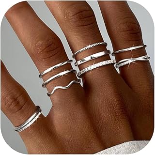 Gold Stackable Rings for Women Non Tarnish Open Adjustable Rings Cubic Zirconia Thin Thumb Silver Ring Set 14K Gold Filled Pinky Knuckle Stacking Set - Dainty Statement Promise Band Ring Sets