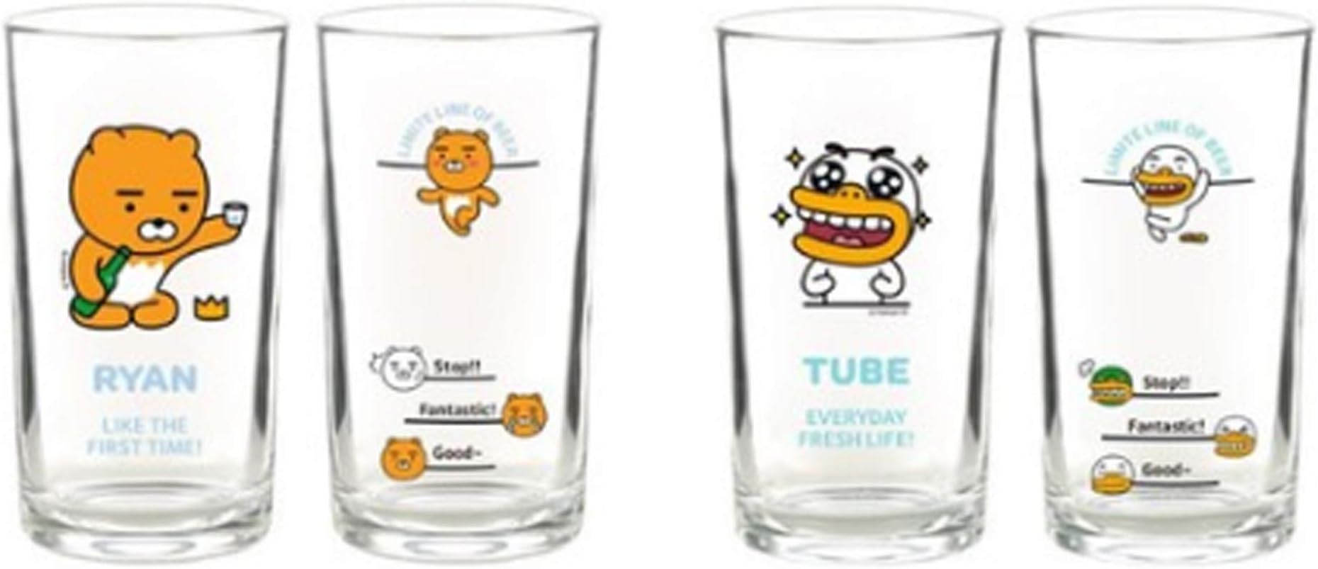 KaKao Mini Clear Gl for Alcohol Drinks Set of 4(Soju Beer Glass 소맥잔),Korean Soju Shot Gl Set Character Soju Beer Glass, for Party, Dishwasher Safe Clarity Glassware
