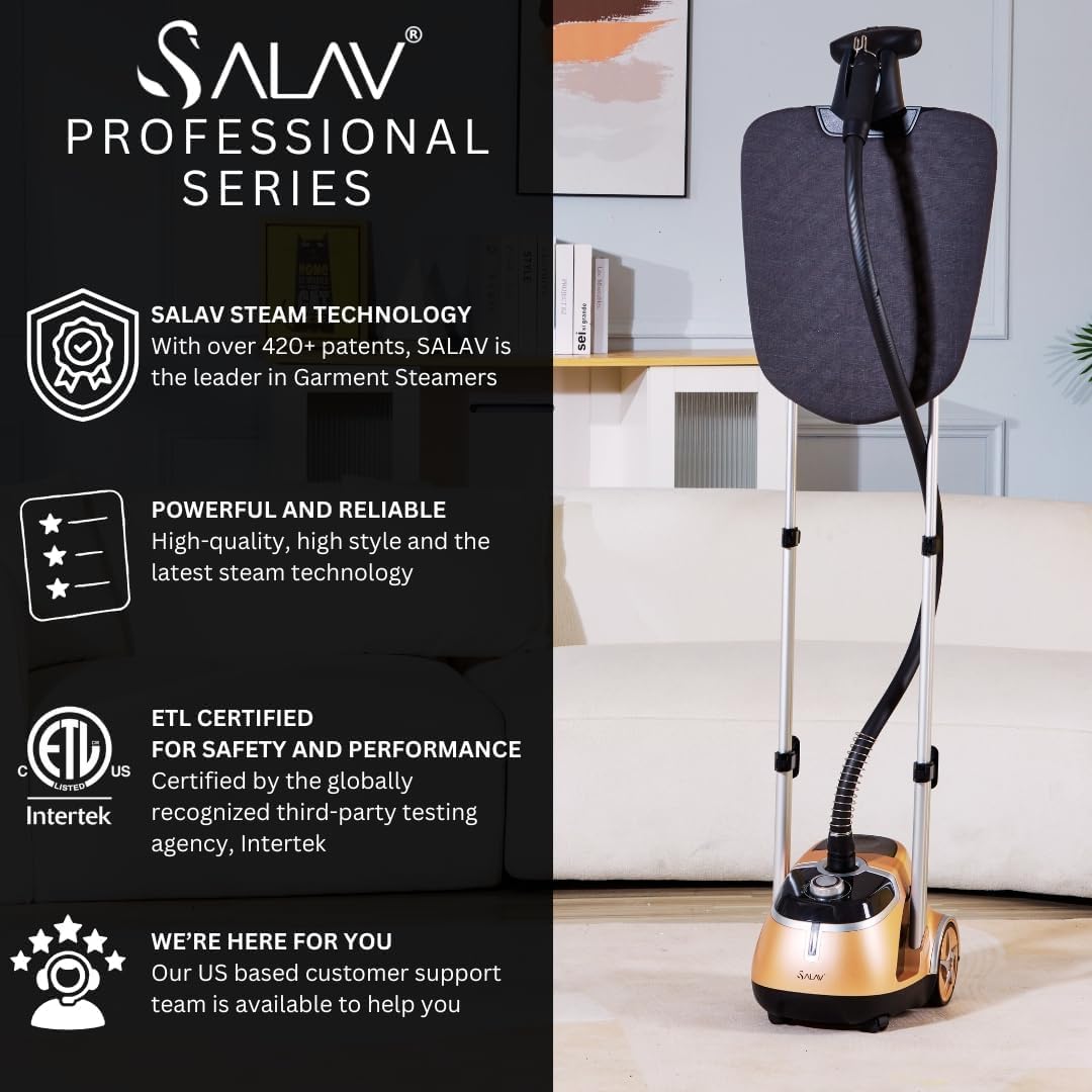 SALAV® Professional Garment Steamer with Built-in Ironing Board, 4 Steam Settings, Chrome Finish & Stainless Steel Steam Plate with Wheels for Easier Movement, 1500-watts (Renewed)
