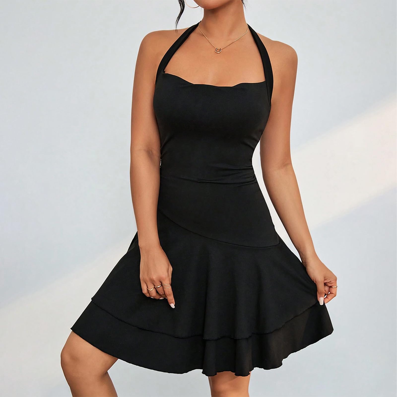 Vestido Mujer Elegante sin Mangas Vestido Corto Sexy Cuello Hálter Mini Vestido Ajustado Bodycon Negro Vestidos Casual Verano sin Espalda Vestido de Fiesta Club Cóctel Clubwear