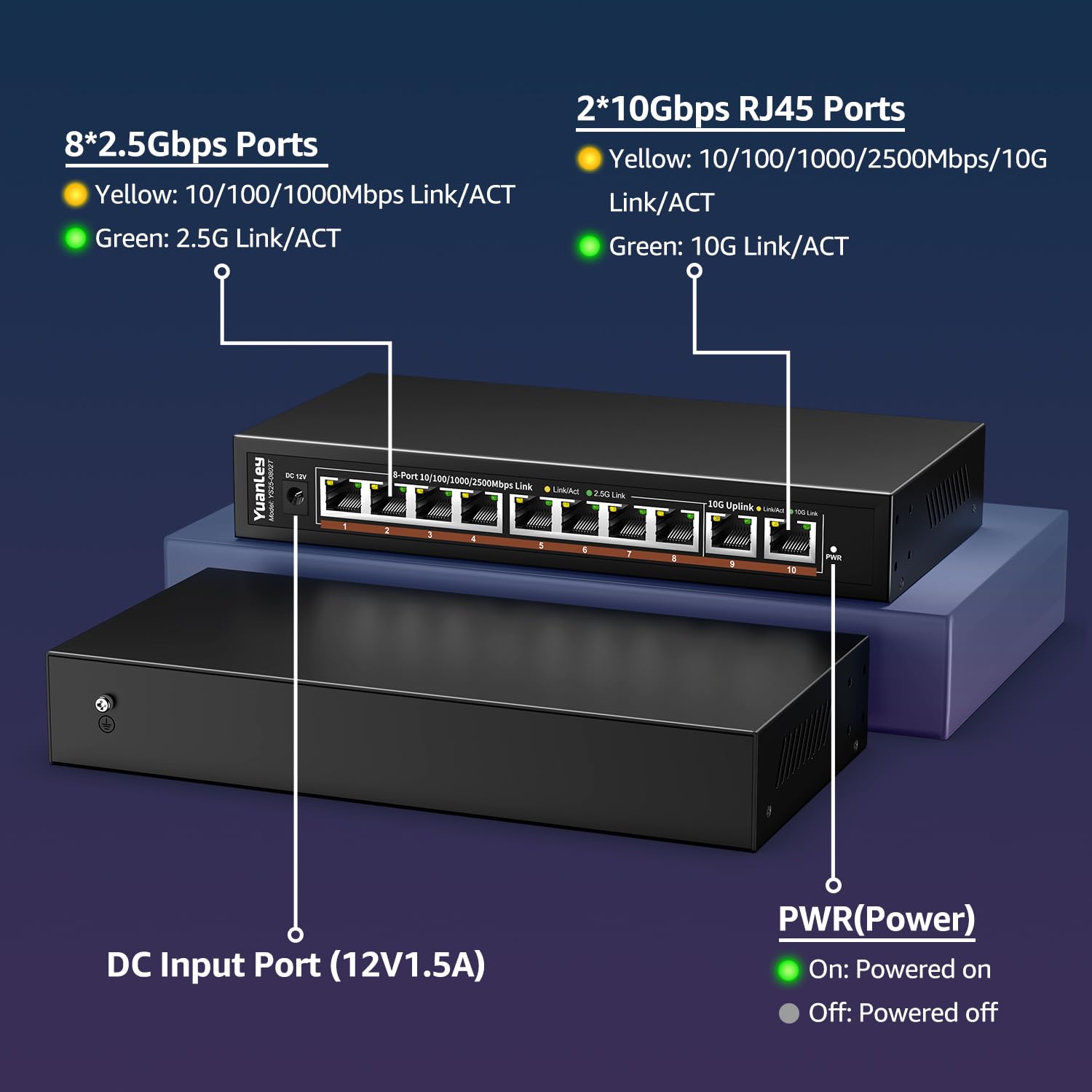 Switch Ethernet 10G de 10 Puertos No Gestionado, 8 x 2.5G Base-T, 2 x 10Gb RJ45, Compatible con 100/1000/2500Mbps, Carcasa Metálica sin Ventilador, YuanLey Switch de Red 2.5G/10G para NAS, WiFi 6 Ap