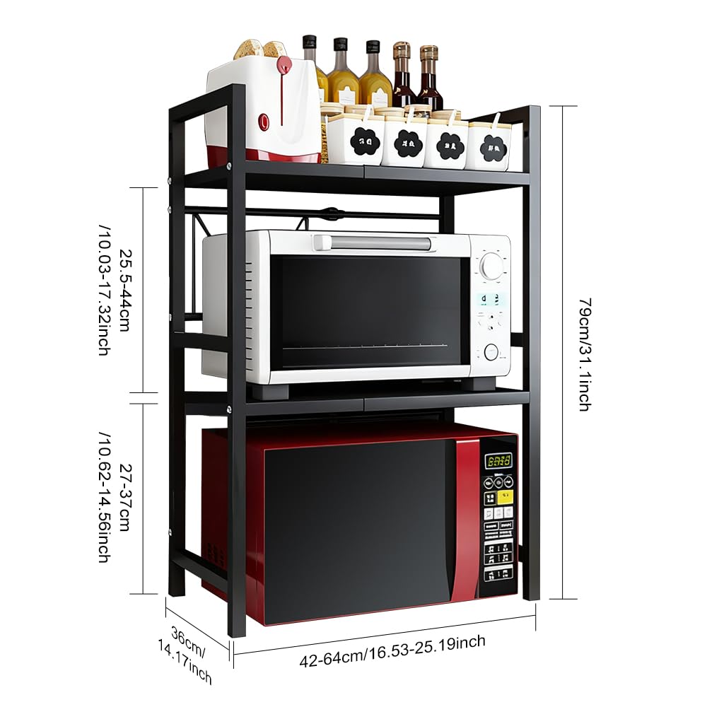 3-Stufig ausziehbares Mikrowellen Regal, Carbonstahl Küchenregal für Arbeitsplatte mit 6 Haken, platzsparendes Organizer für die Arbeitsplatte, ideal für Mikrowelle & Ofen(Schwarz)