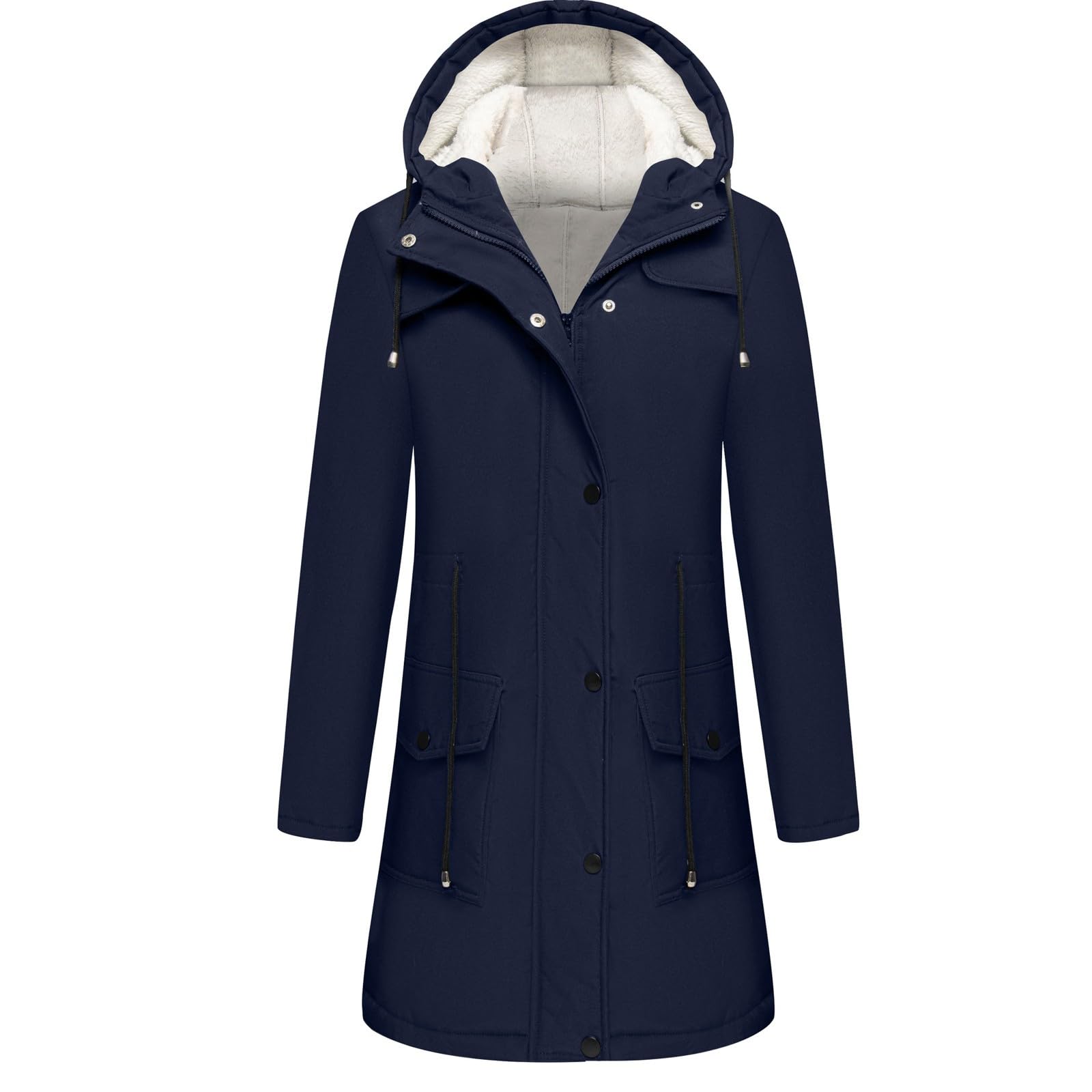 Generisch Damen Regenjacke Wasserdicht Gefüttert Lang Winterjacke Damen Warm mit Kapuze Langer Softshelljacke Damen Innenfutter Dicke Regenmantel Atmungsaktiv Outdoorjacke mit Taschen Wandern Jacke