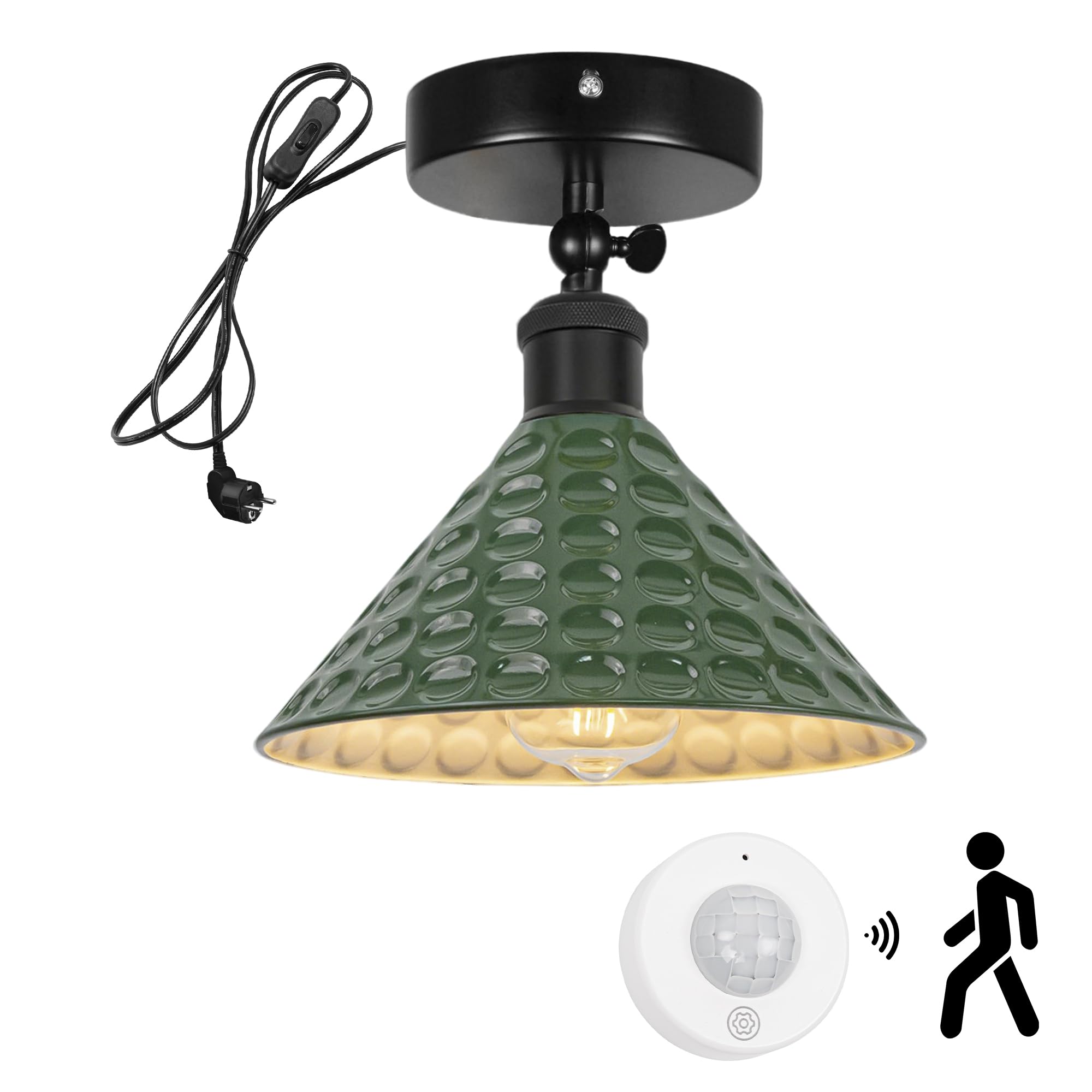 DZTB2776GN - Plafoniera con sensore di movimento senza fili, con cavo da 4,5 m e portalampada E27, per corridoio, bagno, scale, garage, colore nero