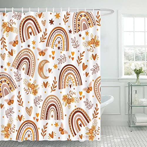Cyrekud 72" X 72" Bohemian Rainbow Shower Curtain Boho Abstract Rainbow Moon Butterfly Floral Bathroom Set Cute Kids Rainbow Home Bath Bathtub Decor Durable Fabric Machine Washable With 12 Hooks #TOP1