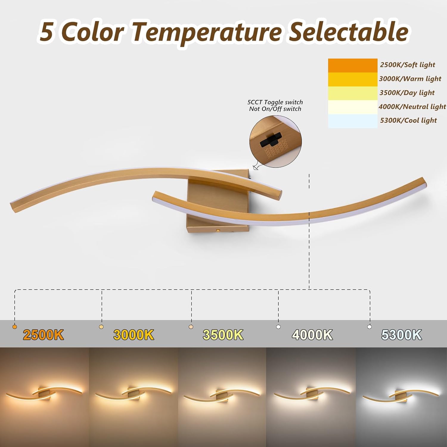 Hardwired Modern LED Wall Light Fixtures, 3000~6000K Modern 5CCT Wall Sconce for Living Room, 31.5IN Indoor Wall Lights Gold Bathroom Light for Bedroom, Hallway, Bedside