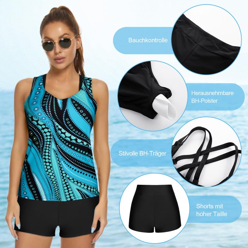 JASAMBAC Bikini Push Up damskie 3-częściowe tankini damskie szorty kąpielowe z wysokim stanem, prosty strój kąpielowy, damski sportowy kostium kąpielowy, moda kąpielowa na basen, plażę