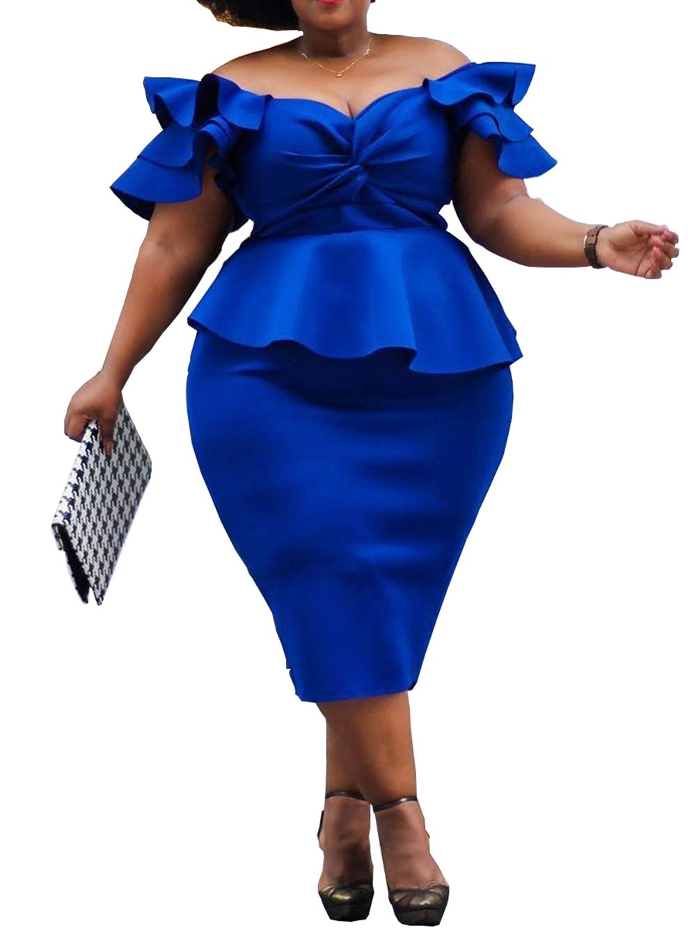 VERWIN Plus Size Women's Midi Dress Patchwork Short Sleeve Women's Bodycon Dress High Waist Dress
