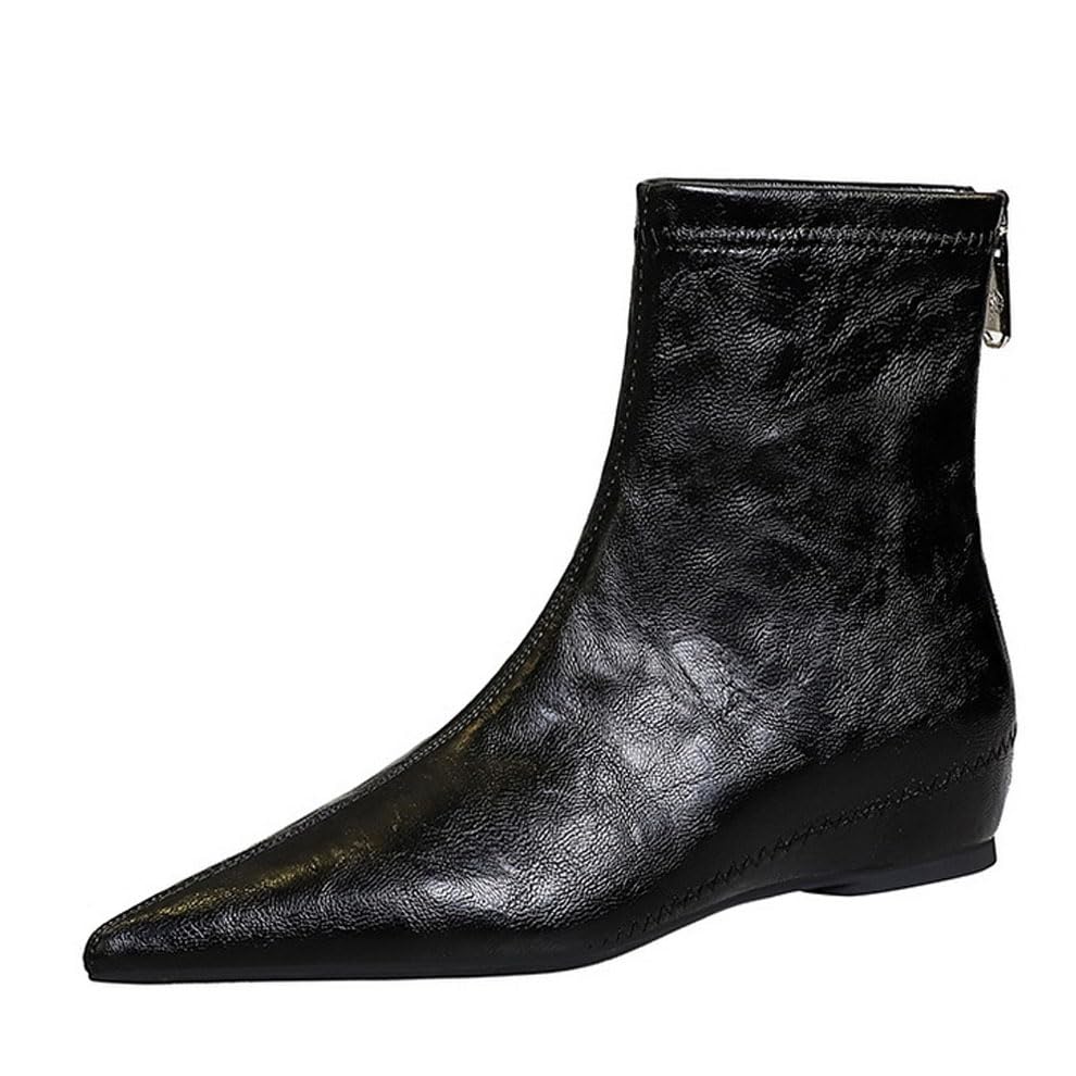 Women's Leather Flat Wedge Ankle Boots with Back Zipper Retro Comfortable Pointed Toe Internal Height Increase Fall Winter Dress Short Boots