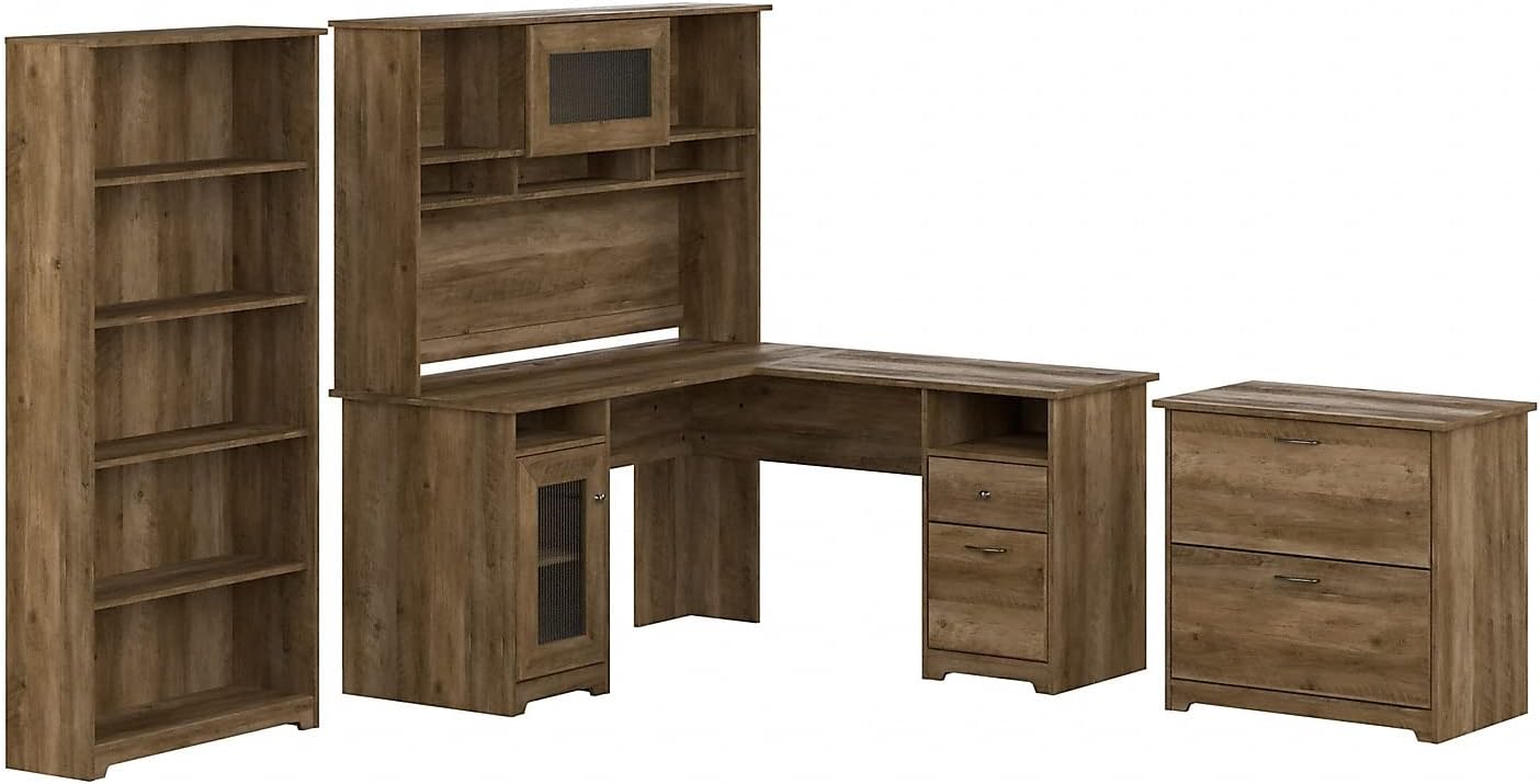 Bush Furniture L Shaped Desk with Hutch, 5 Shelf Bookcase and Lateral File Cabinet | Cabot Collection Corner Computer Table with Storage and Bookshelf | 60Wx23DX37W