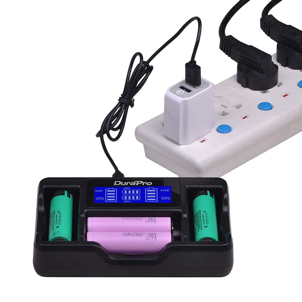 Durapro 4-Slots Universal Intelligent LCD Display USB Battery Charger For Li -ion/Ni-MH/Ni-Cd 18650 26650 22650 18490 18350 17670 17500 16340(RCR123) AA AAA AAAA C Rechargeable Batteries