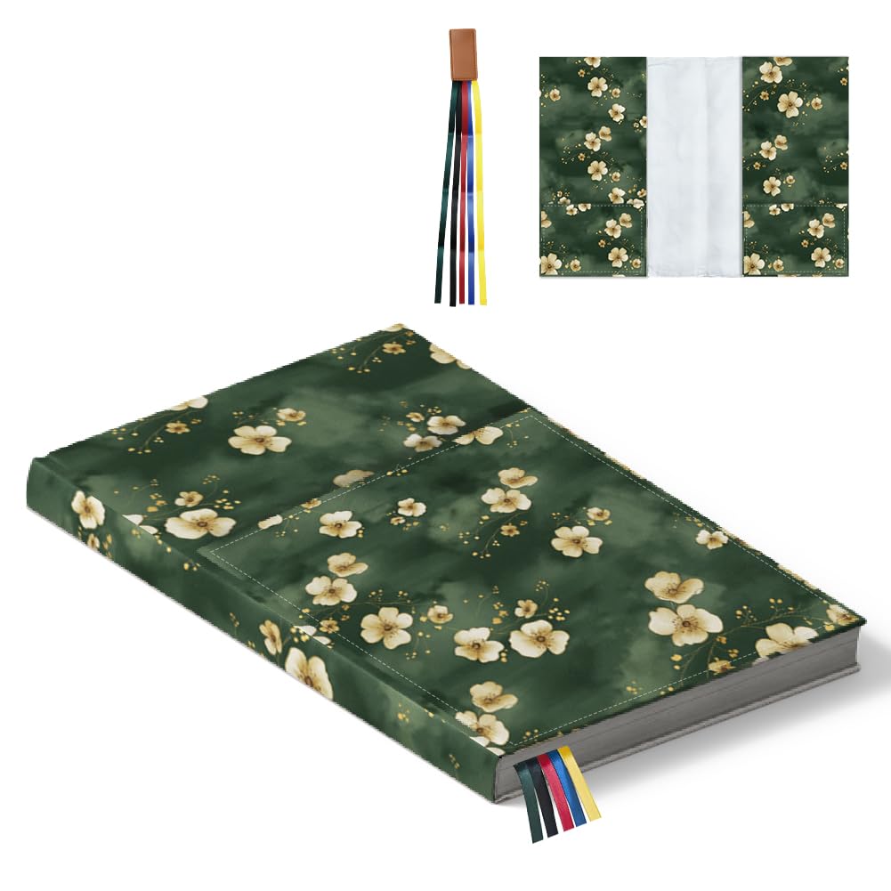 Hobbspring Book Covers for Hardcover 32x22cm Flower Book Protector Adjustable Book Sleeve with Bookmark Green Paperback Book Cover for Novel Notebook Bookworm Gift Back to School
