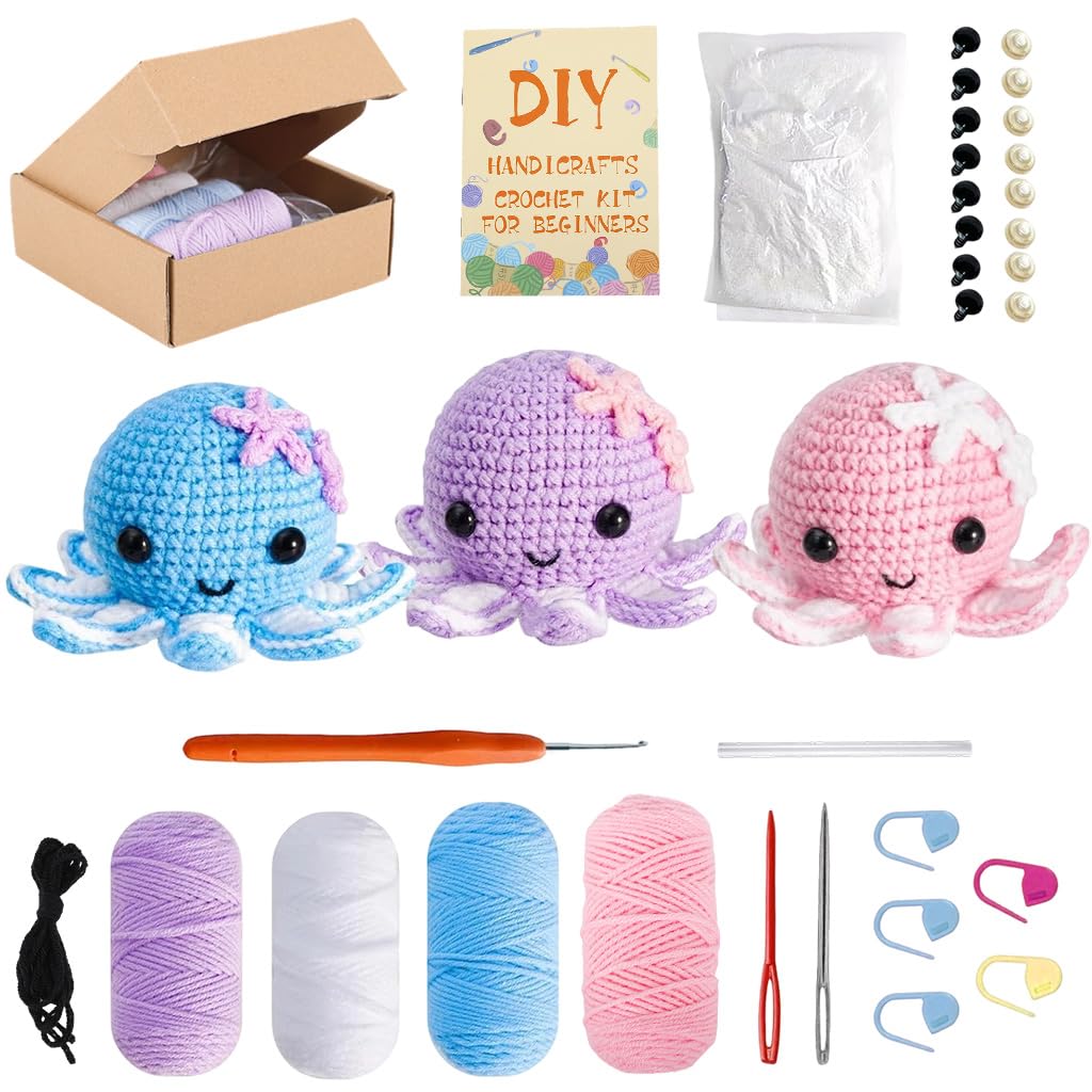 HASTHIP® DIY Octopus Crochet Kit, Beginner's DIY Amigurumi Crochet Starter Set with Yarn, Hook, Safety Eyes & Stuffing, Make 3 Cute Octopus Plush Toys with Step-by-Step Instructions-image-49