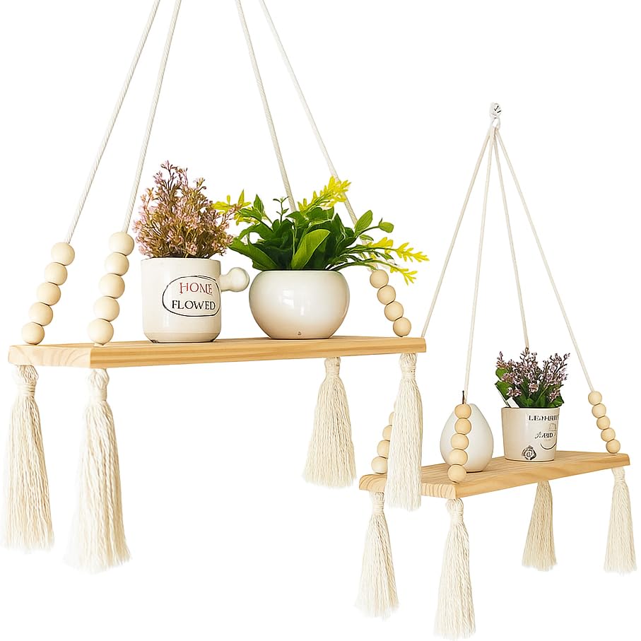 Gravidu18 Hängeregale mit Seil (2er-Set mit Haken), Holzseilregale, Wandregal, Makramee-Regale, schwebende Regale, Schaukelregal aus rustikalem Holz, Weiß, Vintage für Innenbereich (Weiß)