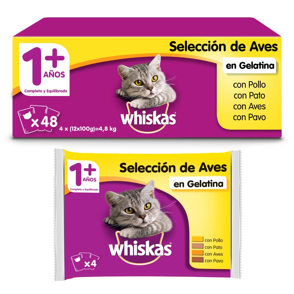 Whiskas Comida Húmeda para Gatos Selección Aves en Gelatina, Multipack (Pack de 4 x 12 Bolsitas x 100g)