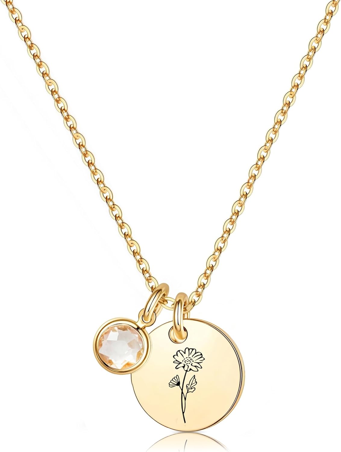 Birth Flower Necklaces for Women, 18K Gold Plated Dainty Birthstone Pendant Necklaces Handmade Birth Month Flower Jewelry Disc Coin Birthday Gifts for Women Girls Teens