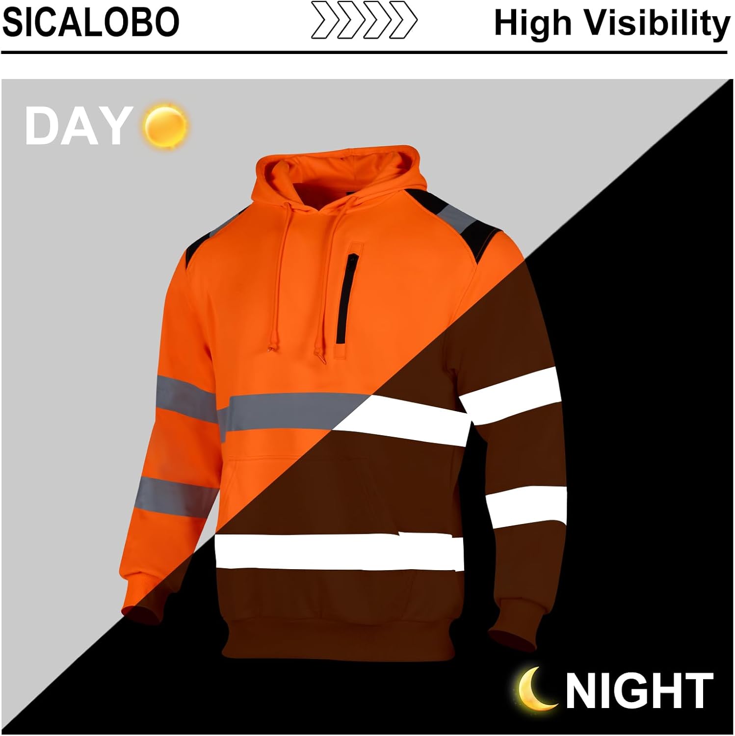 Men's High Visibility Reflective Work Hoodie,High Vis Safety Hooded Construction Pullover Sweatshirt - Image 4