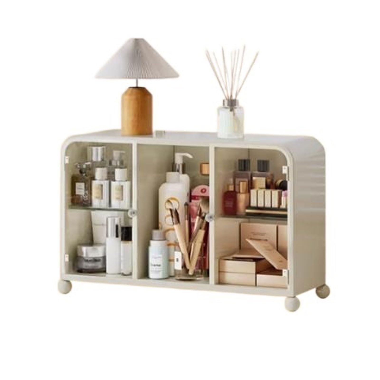 Vanity Table Organiser Large Makeup Organizer with Doors , Storage Box Cabinet for Skincare Lipstick Jewerly and Brushes,Cosmetic Display Cases for Dresser and Bathroom Countertop, with Tabletop for