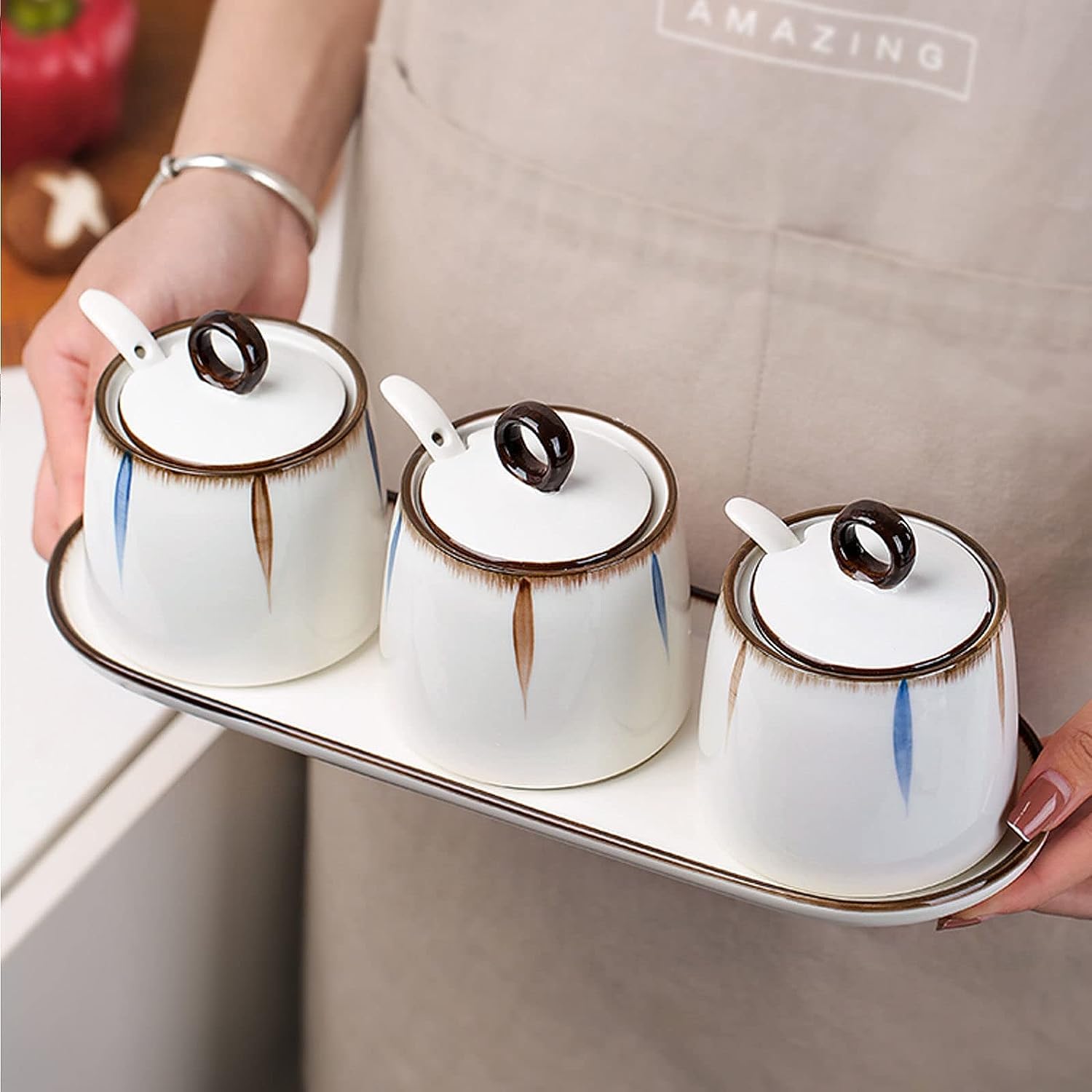 Azucarero, azucarero con tapa, azucarero con tapa y cuchara, botes de azúcar de café de cerámica, azucarero, tarro de especias for recipiente de azúcar, bote de condimento for salero-1 ( Color : 2 Set