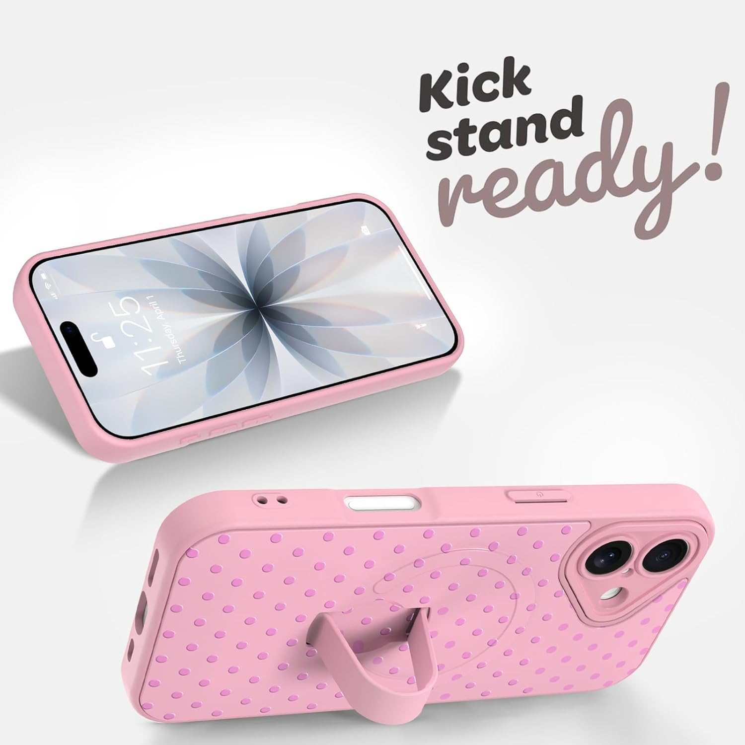 Magnetic for iPhone 17 Case with Finger Strap Stand, Compatible with Magsafe, Trendy Polka Dots Phone Case for Women Men Slim Shockproof Cover for 17, Pink Polka Dots