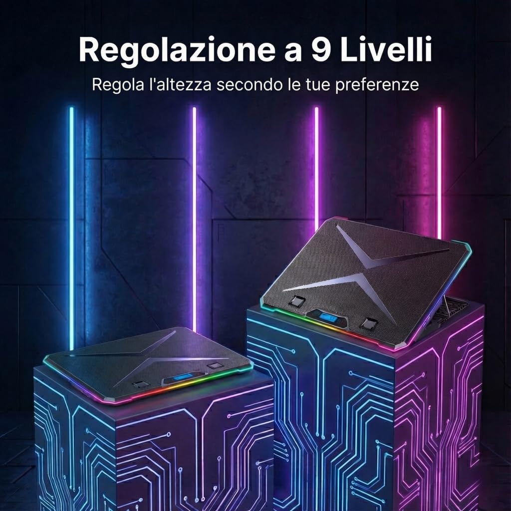AABCOOLING QUANTUM - Ventola PC Portatile da 9-17" con Supporto per Telefono, 13 Ventole Silenziose ed Efficienti, Base Raffreddamento, 9 Livelli di Altezza, Supporto Notebook, Laptop Stand RGB