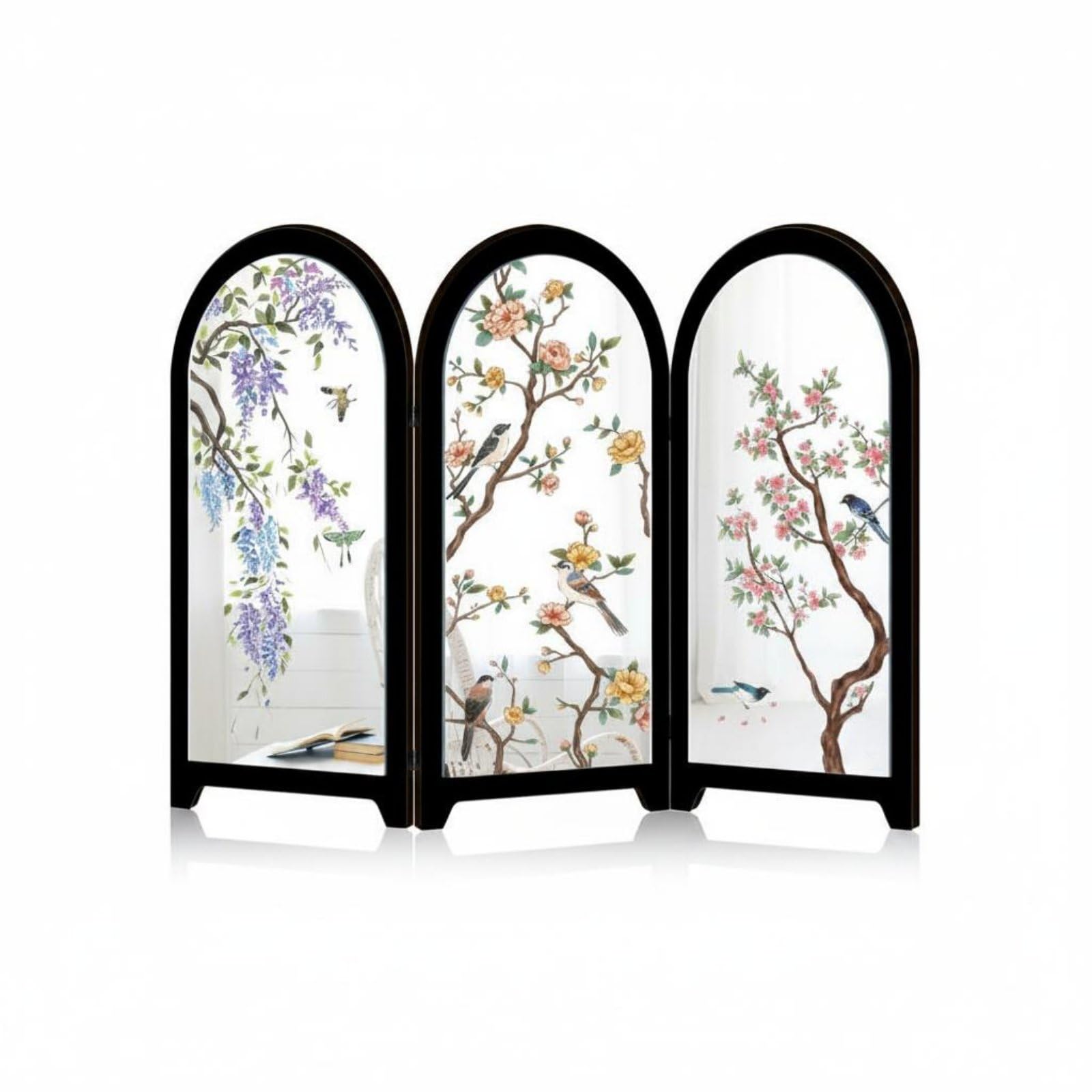 Mirror Surface Chinese Design Tabletop Screen Foldable Tabletop Folding Screen Oriental Aesthetic Bird Pattern Desk Decor Wooden Board for Office, Living Room, Pf-jm-xfb103-image-1