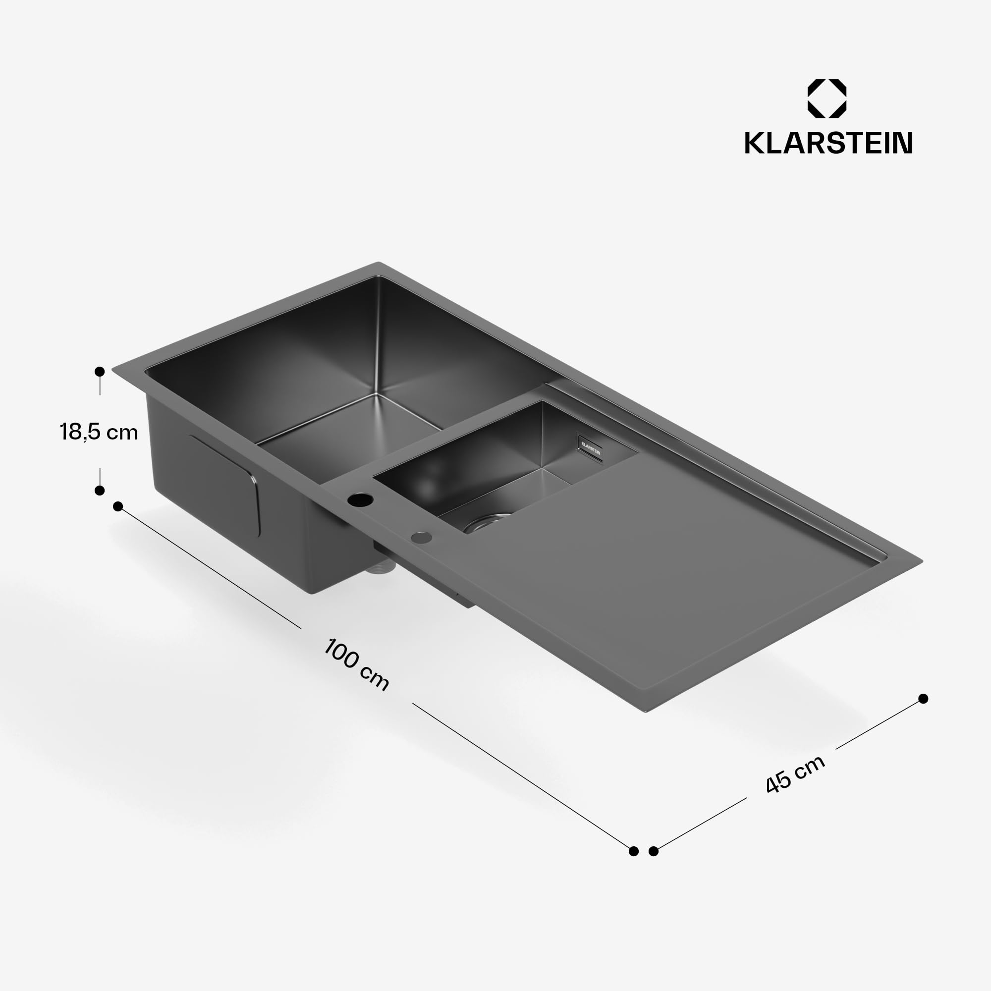 Klarstein Évier de cuisine inox – bac 1,5 avec égouttoir,acier inoxydable 304,résistant aux rayures & à la chaleur, facile à nettoyer, trop-plein & kit d'installation inclus, 100x45 cm, gris métallisé