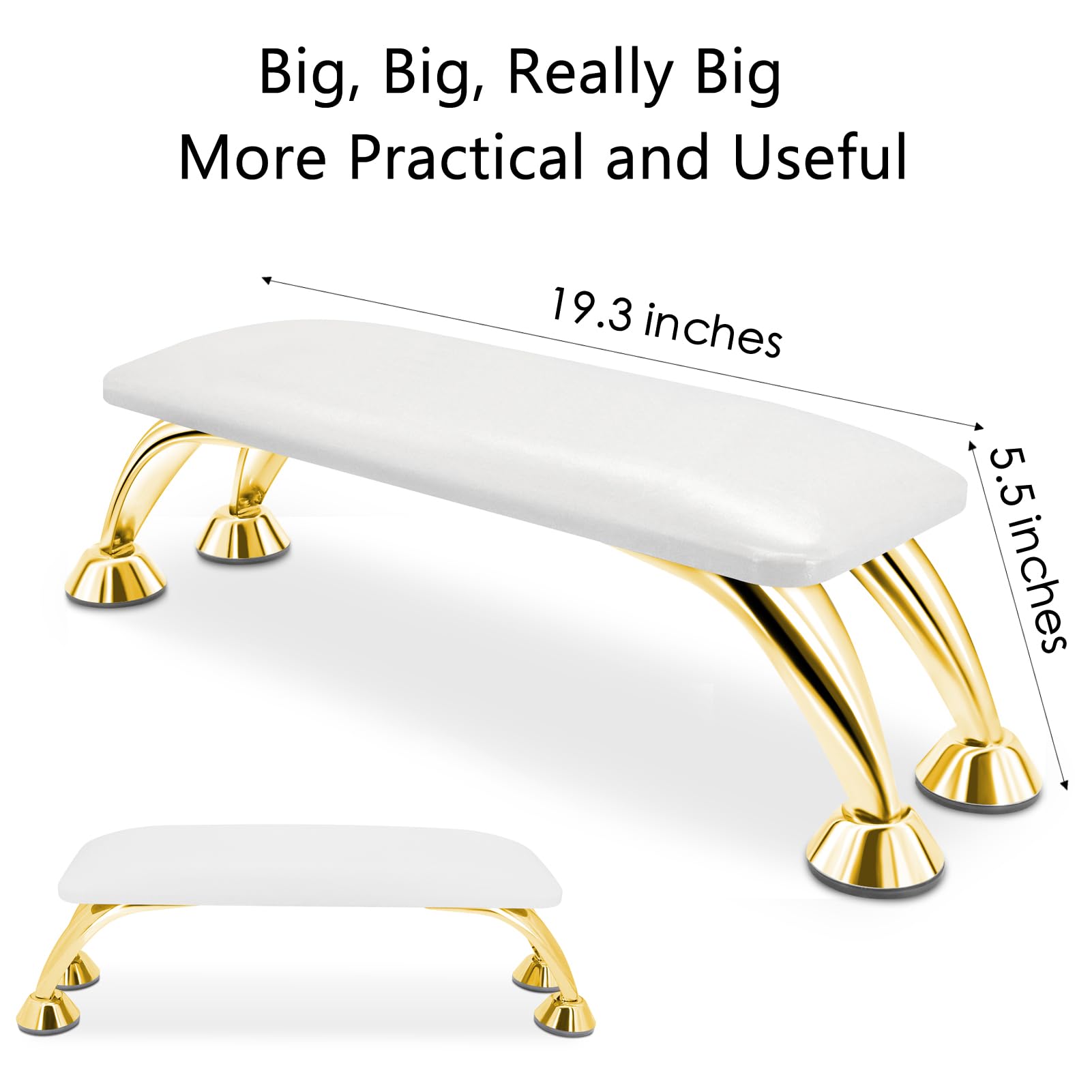 Reposabrazos para uñas Tech suave, cómodo, antideslizante, piel de microfibra, soporte de manos para manicura, soporte técnico con patas de acero inoxidable dorado