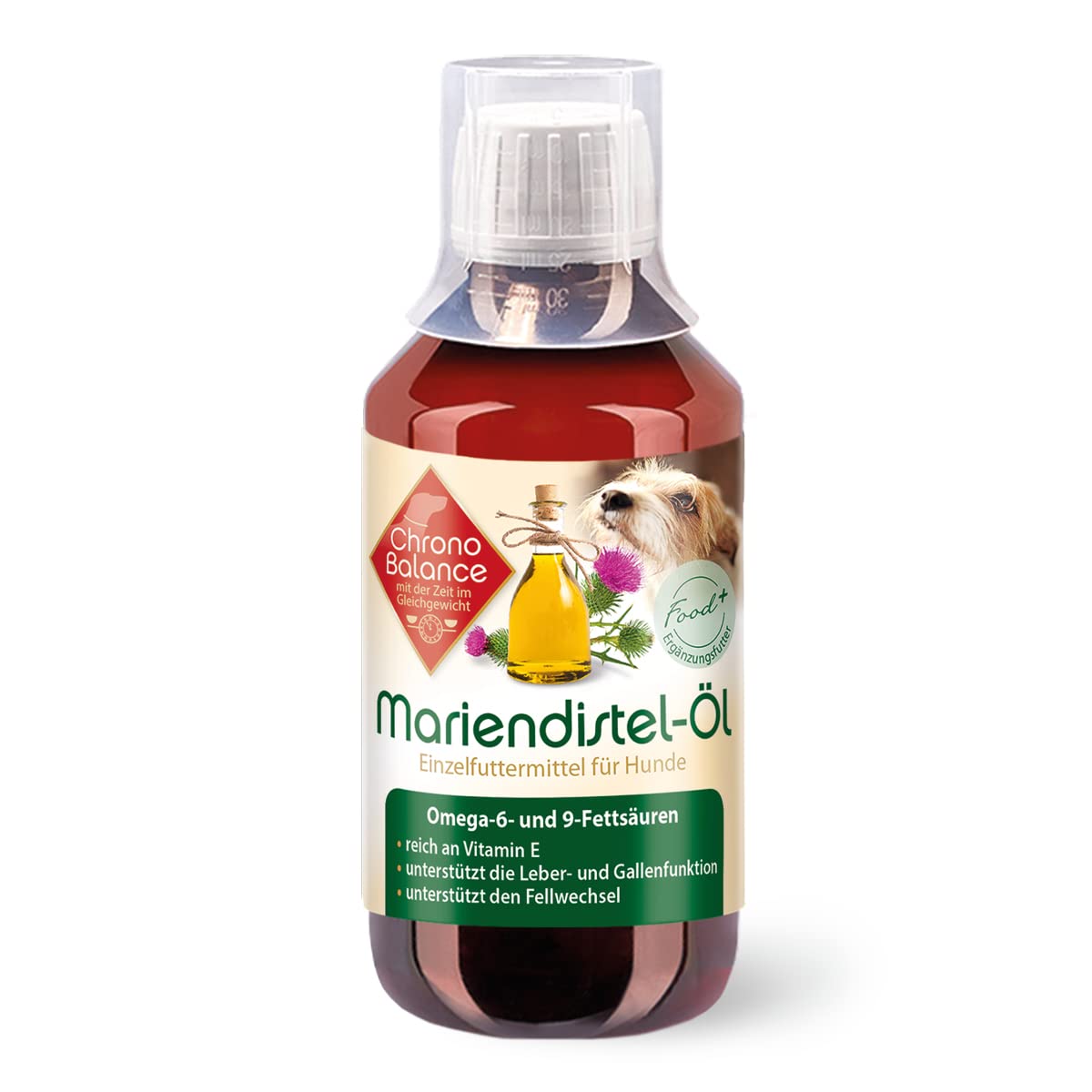 ChronoBalance® 250 ml de Aceite de Cardo Mariano para Perros, como suplemento nutricional Natural, Ayuda para el Cambio de Telas y Pelaje, Vitamina E, Omega-6 y Omega-9, Vaso dosificador Incluido