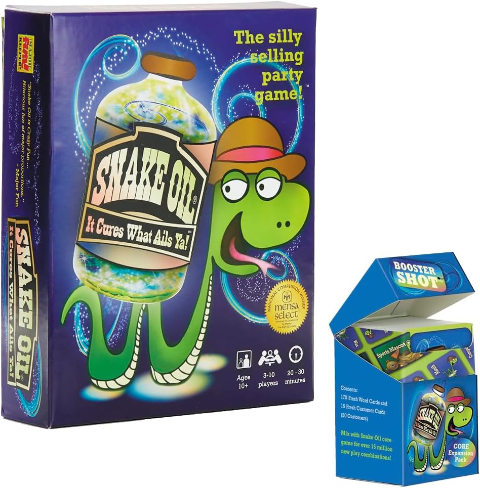 SNAKE OIL - The Silly Selling Party Game with Booster Shot Game Expansion Pack - Hilariously Funny Combination Card Game Compete to Sell Your Product Game Night Party Fun for Adults Teens & Kids