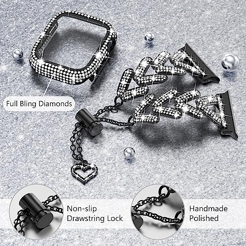 WINGLE Bling Band and Case for Apple Watch Band Series 11 10 42mm Women, Luxury Sparkle Rhinestone Crystal Metal Band Designer Chain Bracelet with Diamond Screen Protector Case, 42 mm Black - image 4