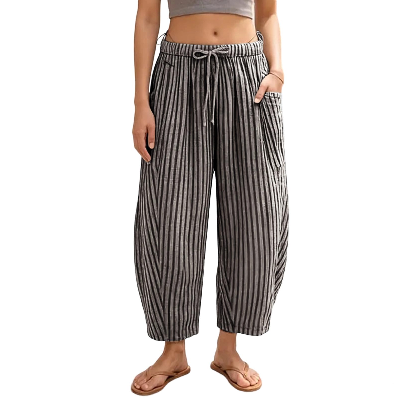 Pantalones de lino para mujer, pantalones de verano ligeros, aireados, con goma elástica y bolsillos, cintura alta, pantalones de tela sueltos, informales, pantalones de ocio de pierna ancha