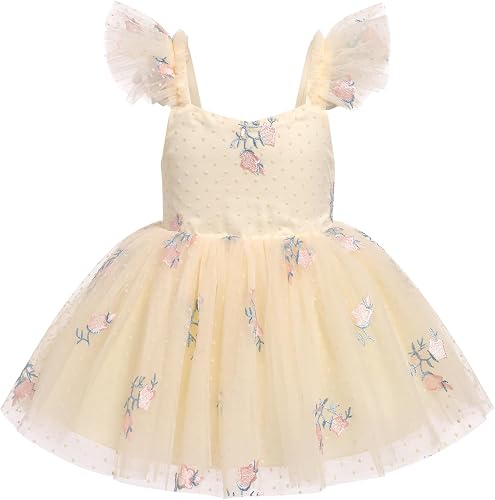IDOPIP Baby Girls Embroidery Floral Tutu Dress Summer Sleeveless Smocked Backles