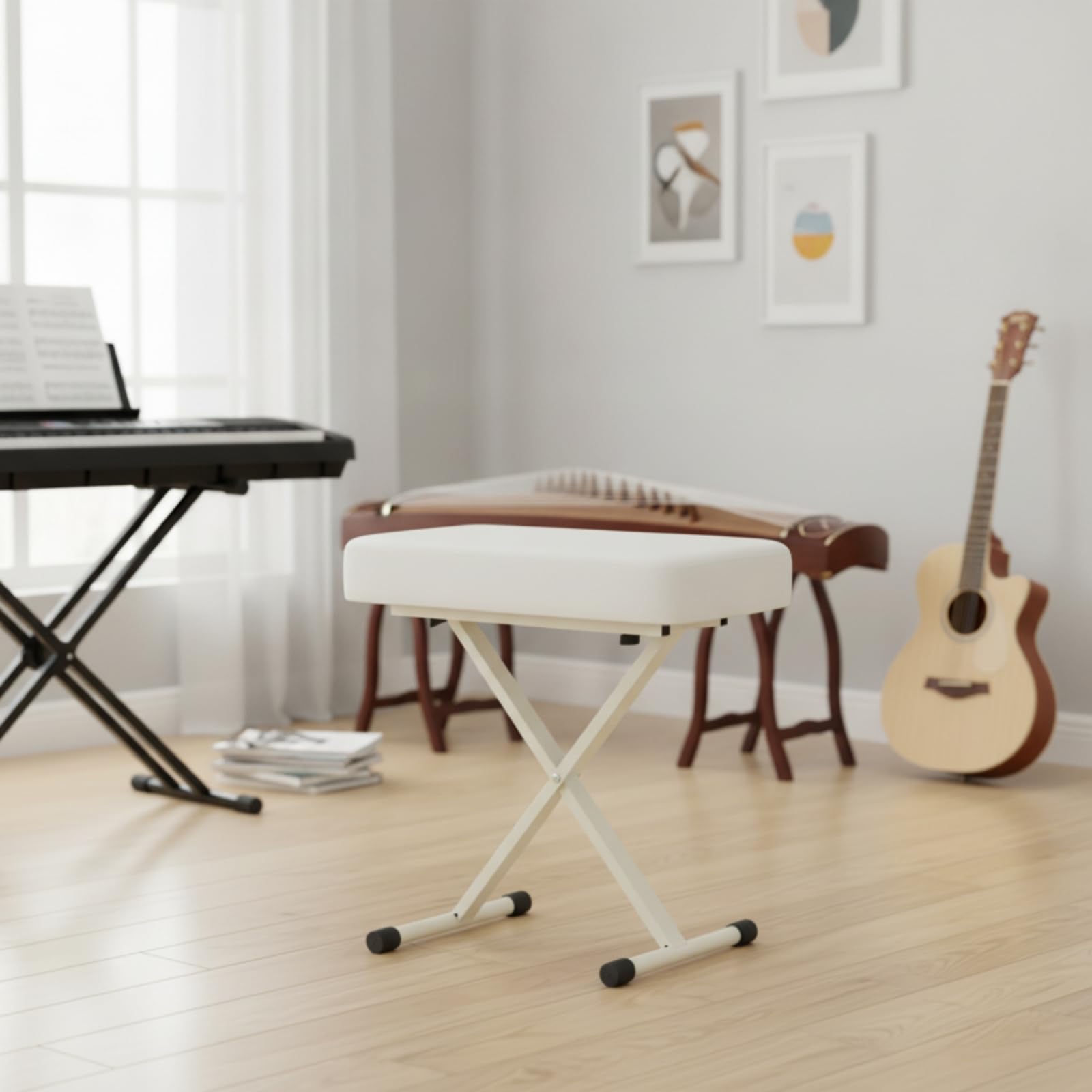 Amagogo Sgabello Regolabile per Musica Tastiera Pianoforte Seduta Cuscino Base Metallo Pieghevole Antiscivolo Adatto Concerti Studio Domestico Lezioni, Bianco