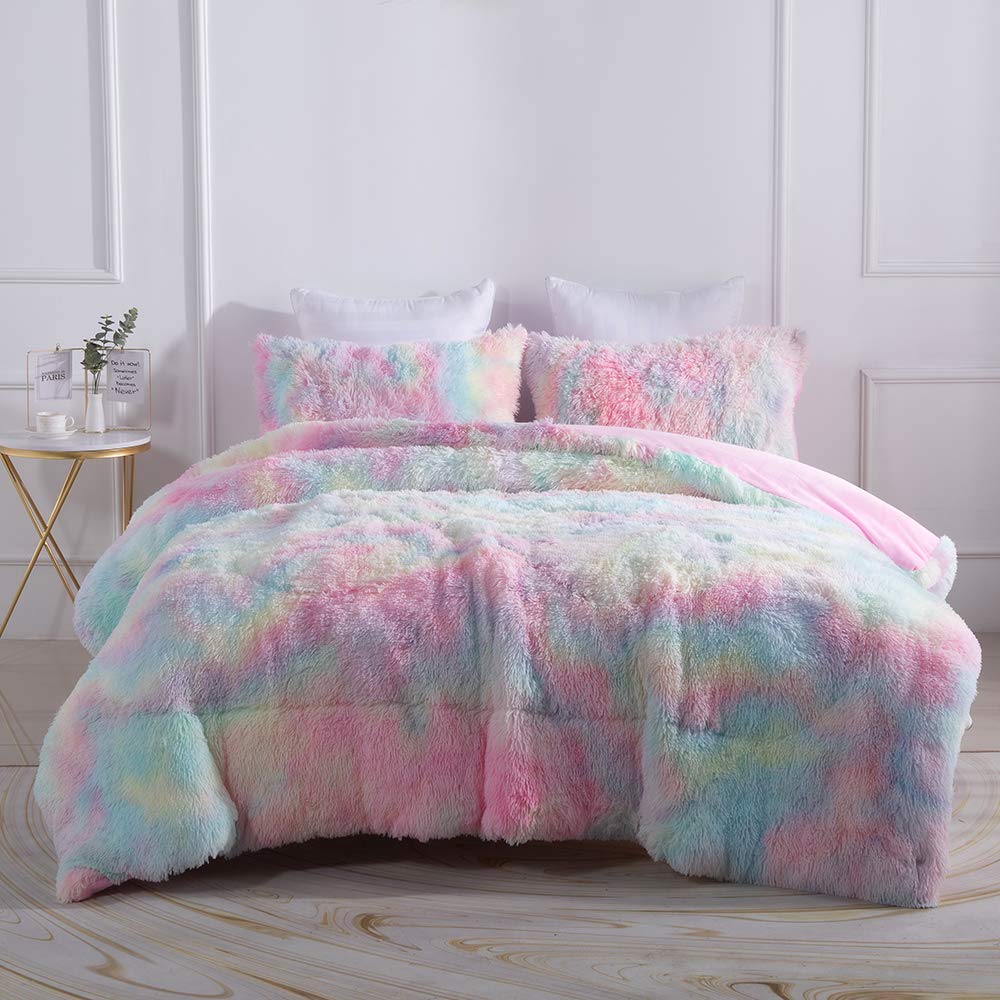 Amazon.com: Wajade Faux Fur Plush Rainbow Comforter Set Fluffy