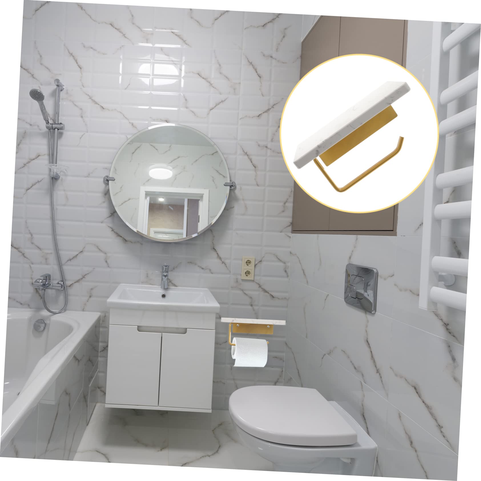 POPETPOP Portarrollos de Papel Higiénico de Mármol Blanco con Estante, Montaje en Pared, Fácil de Instalar, para Baño y Almacenamiento