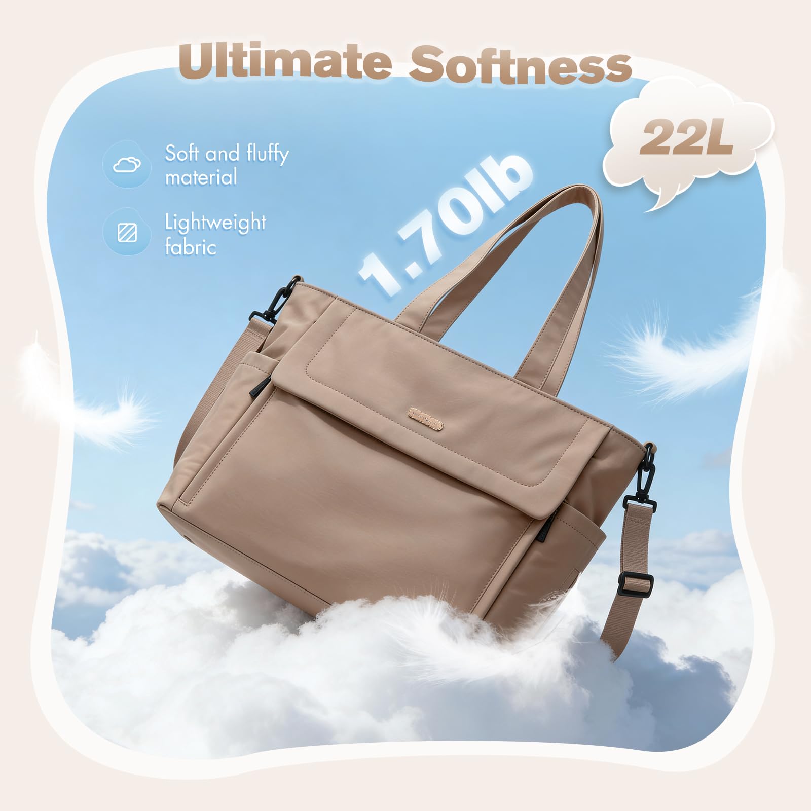 22L Puffer Wickeltasche Damen, Lässige Umhängetasche für Mütter, Geräumige Wickeltasche für Unterwegs, Champagnerbraun