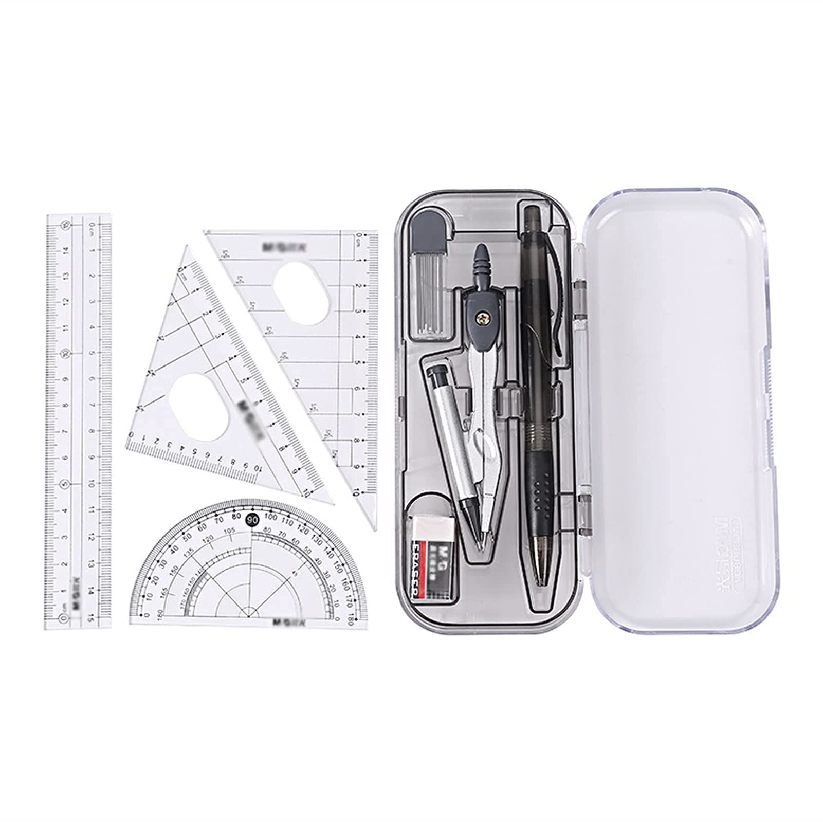 Mathematik-Set, Winkelmesser-Set, Mathematik-Geometrie-Set, 8-teilig, Set mit Geometrie-Winkelmesser, Zirkel, mathematische Zeichenwerkzeuge, Radiergummi, Lineal, Studenten, Schulbedarf, Schreibwaren,