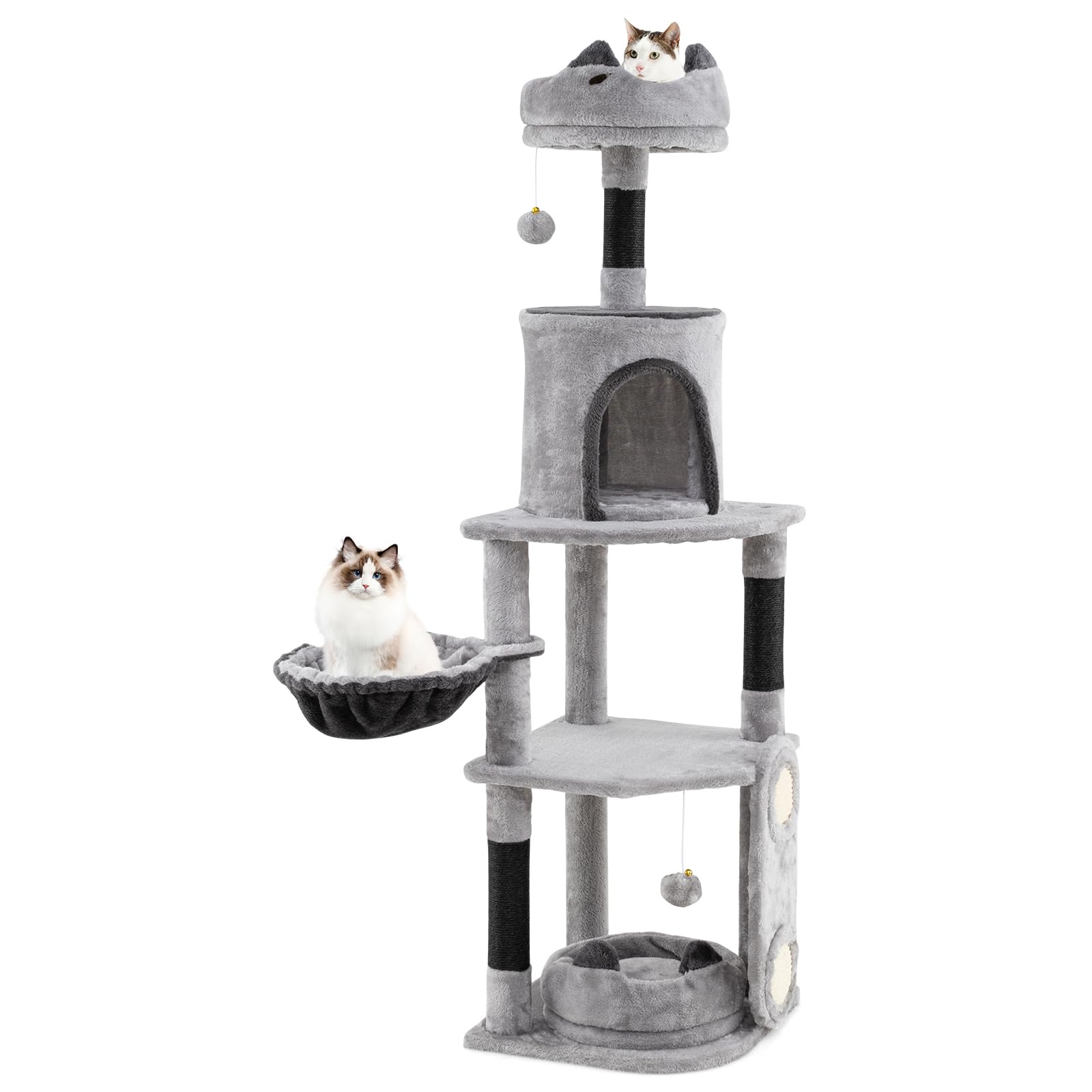 GYMAX Cat Tree, 144cm Tall Cat Tower with Condo, Scratching Posts & Sisal Board, Plush Perches, Hammock and Hanging Toys, Multi-level Kitty Play Center Tree