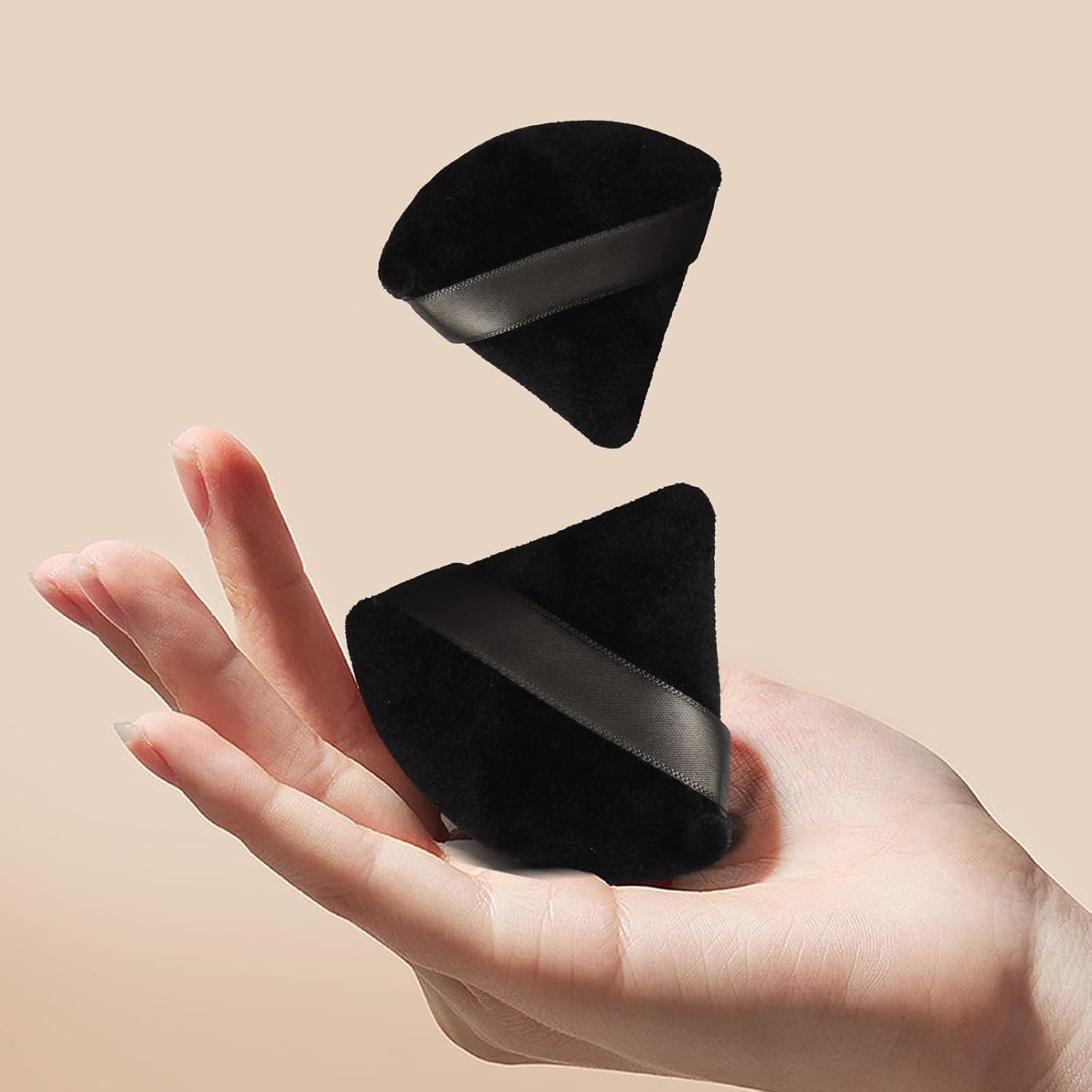2Pcs Triangle Powder Puff For Face Soft Velour Makeup Loose Mineral Sponge Foundation Blender Wet And Dry Use Setting Too (Black)